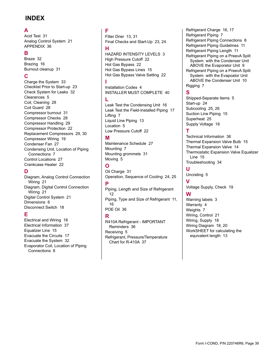 Index | Reznor MASA Unit Installation Manual User Manual | Page 39 / 40