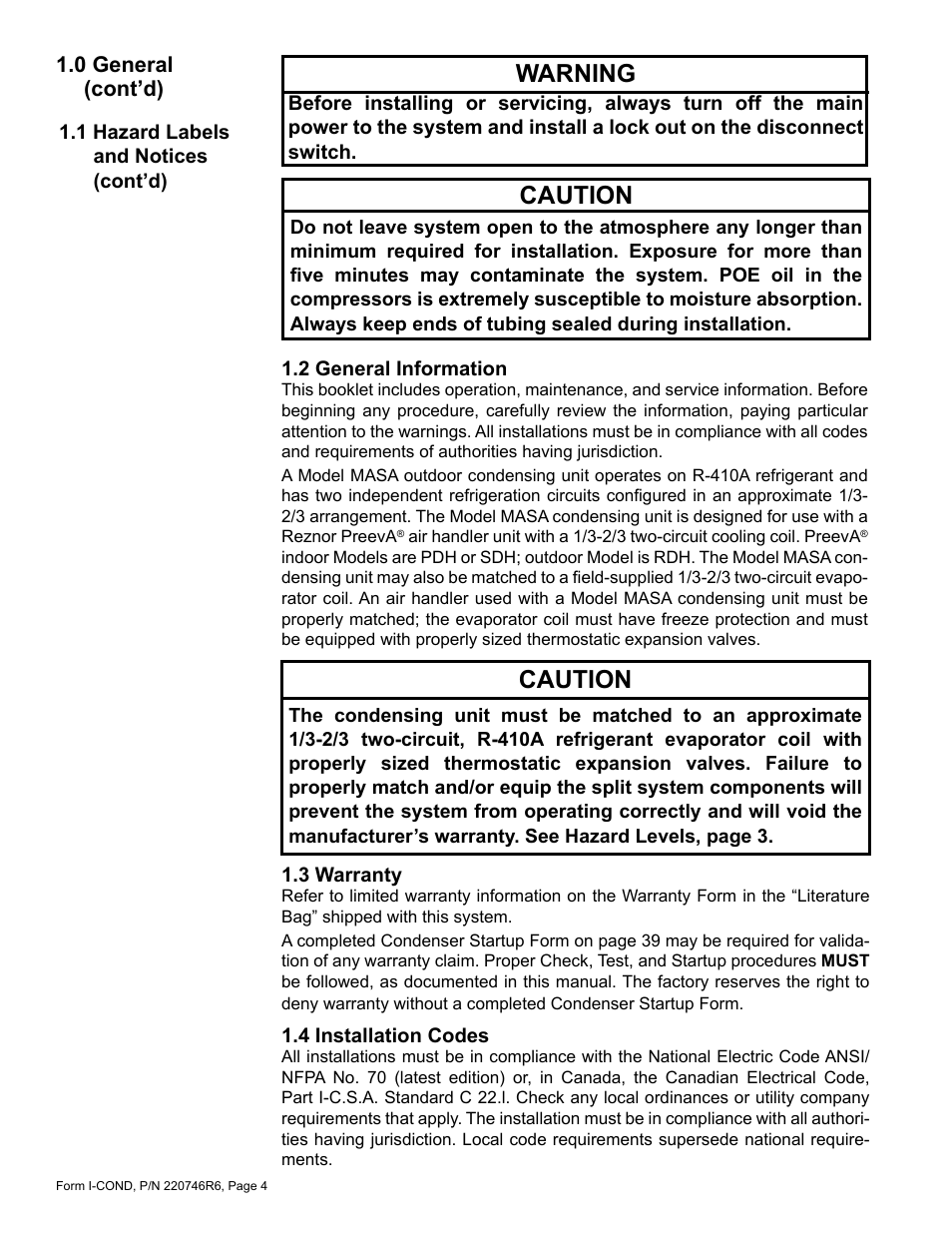 Caution, Warning | Reznor MASA Unit Installation Manual User Manual | Page 4 / 40