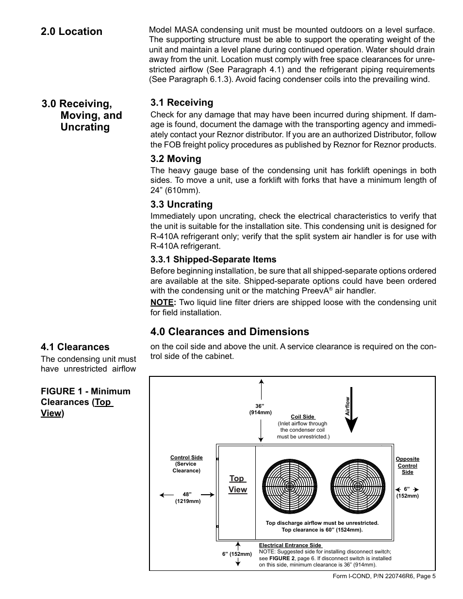 0 location 3.0 receiving, moving, and uncrating, 1 receiving 3.2 moving 3.3 uncrating, 1 shipped-separate items | 0 clearances and dimensions, 1 clearances, 1 receiving, 2 moving, 3 uncrating | Reznor MASA Unit Installation Manual User Manual | Page 5 / 40