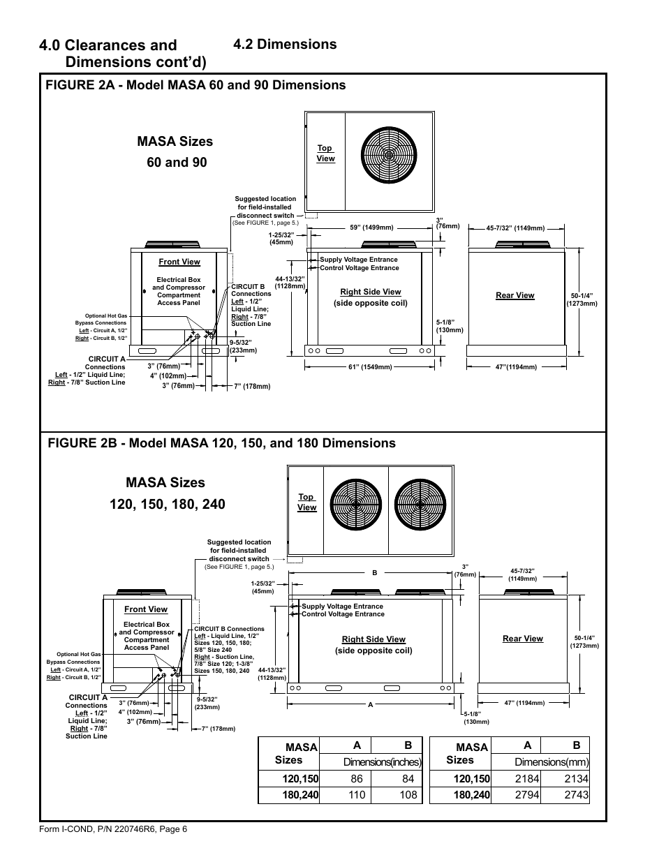 2 dimensions, 0 clearances and dimensions cont’d), Masa sizes 60 and 90 | Reznor MASA Unit Installation Manual User Manual | Page 6 / 40