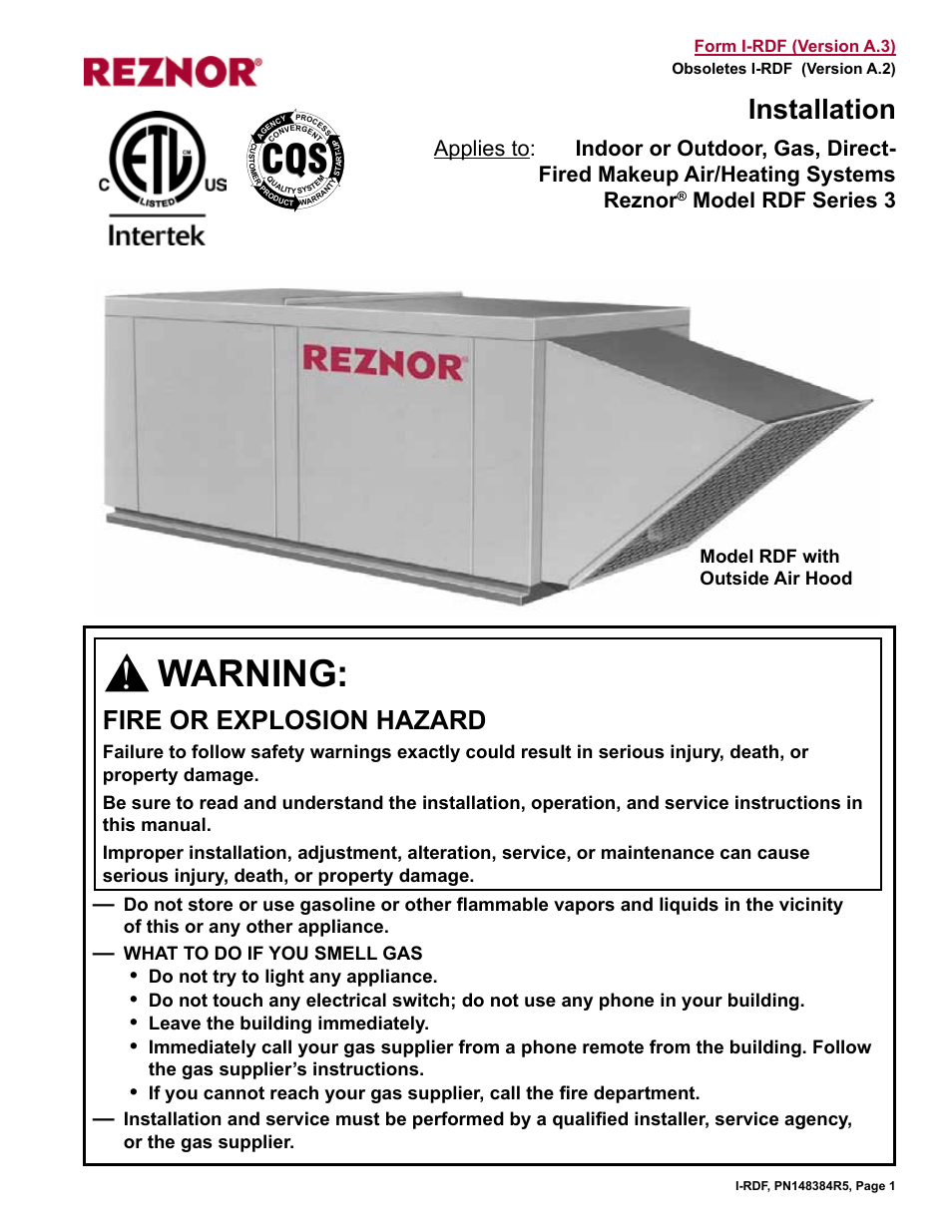 Reznor RDF Unit Installation Manual User Manual | 28 pages