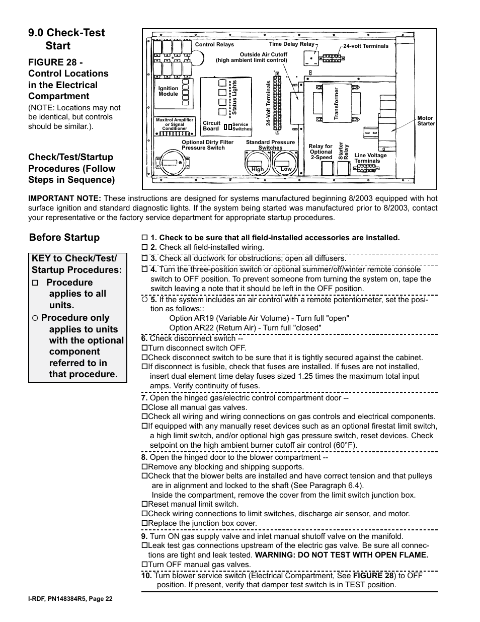 0 check-test start, Before startup, Key to check/test/ startup procedures | Procedure applies to all units | Reznor RDF Unit Installation Manual User Manual | Page 22 / 28