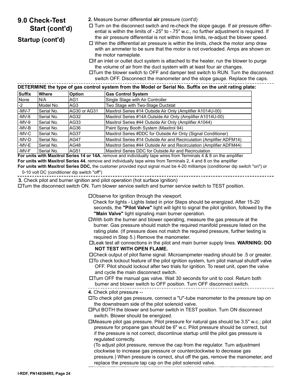 0 check-test start (cont'd), Startup (cont'd) | Reznor RDF Unit Installation Manual User Manual | Page 24 / 28