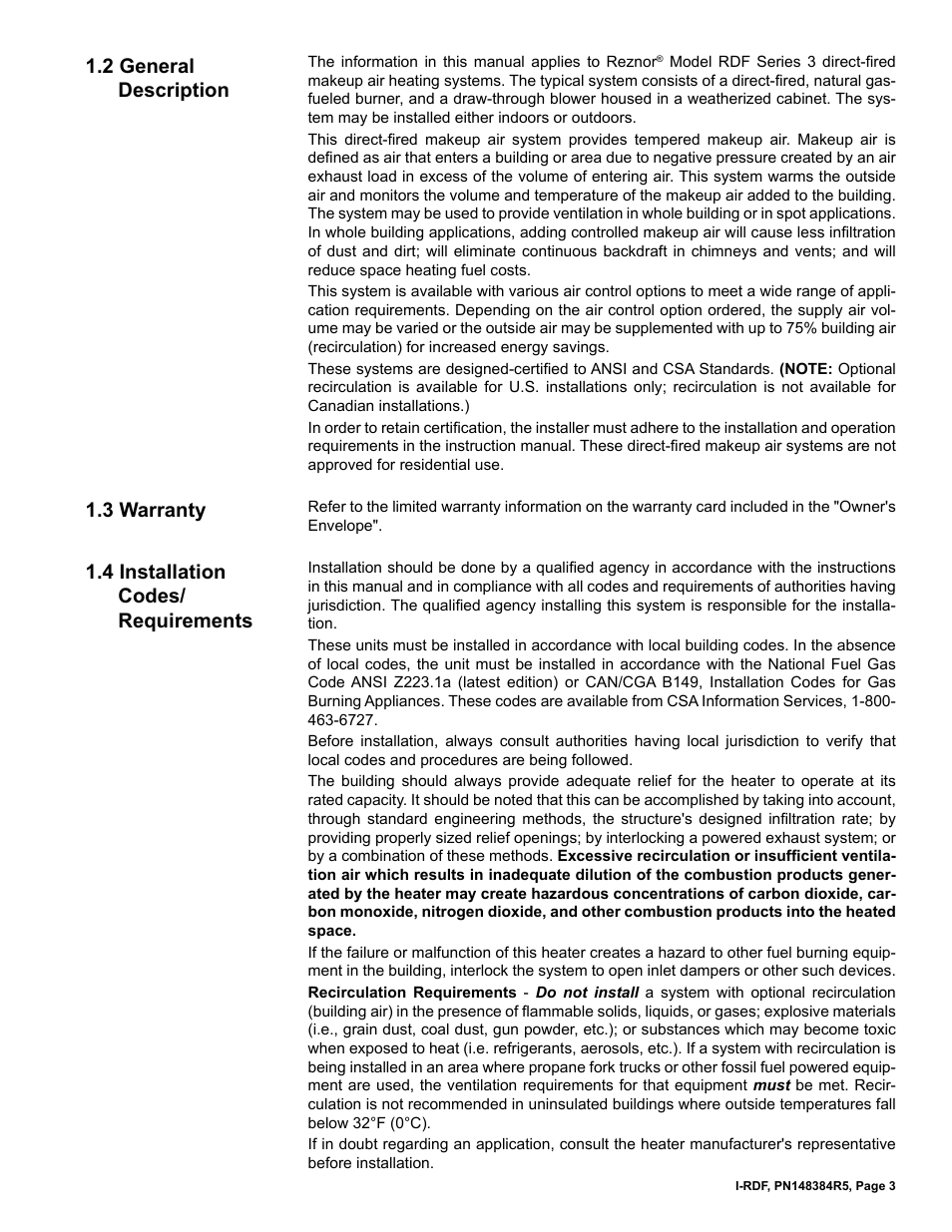 2 general description, 3 warranty, 4 installation codes/ requirements | Reznor RDF Unit Installation Manual User Manual | Page 3 / 28