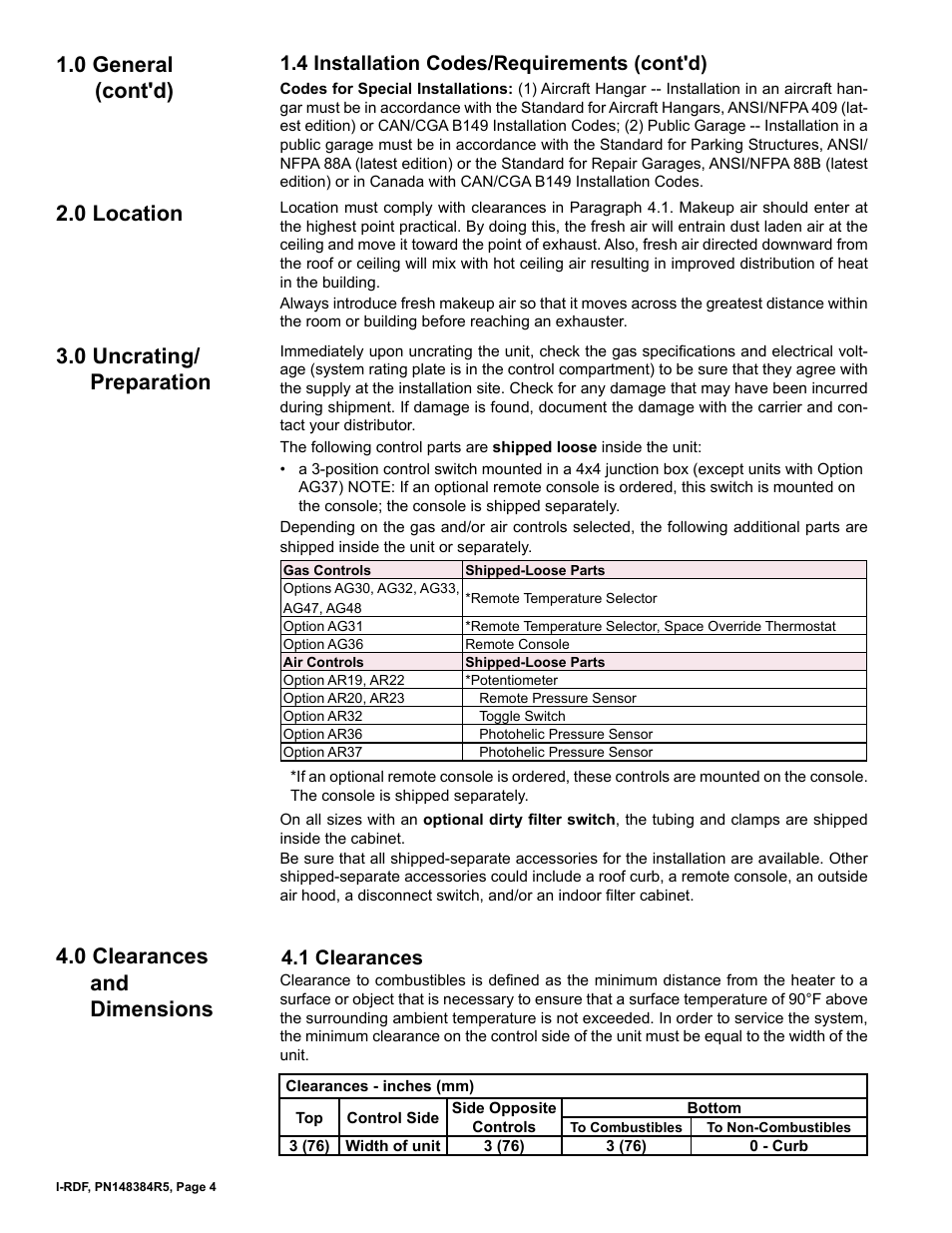 1 clearances, 0 general (cont'd), 0 location | 0 uncrating/ preparation, 0 clearances and dimensions, 4 installation codes/requirements (cont'd) | Reznor RDF Unit Installation Manual User Manual | Page 4 / 28