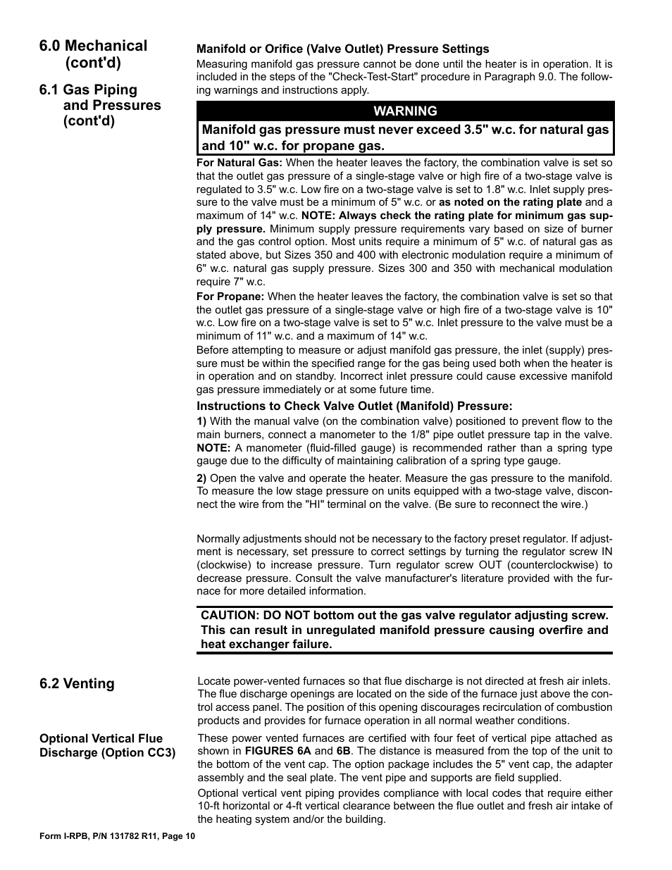 2 venting, 0 mechanical (cont'd), 1 gas piping and pressures (cont'd) | Reznor RPB Unit Installation Manual User Manual | Page 10 / 40