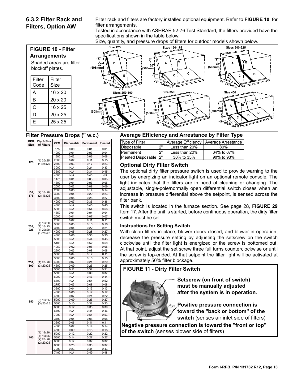 2 filter rack and filters, option aw, Figure 10 - filter arrangements, Average efficiency and arrestance by filter type | Filter pressure drops (" w.c.), Optional dirty filter switch | Reznor RPB Unit Installation Manual User Manual | Page 13 / 40