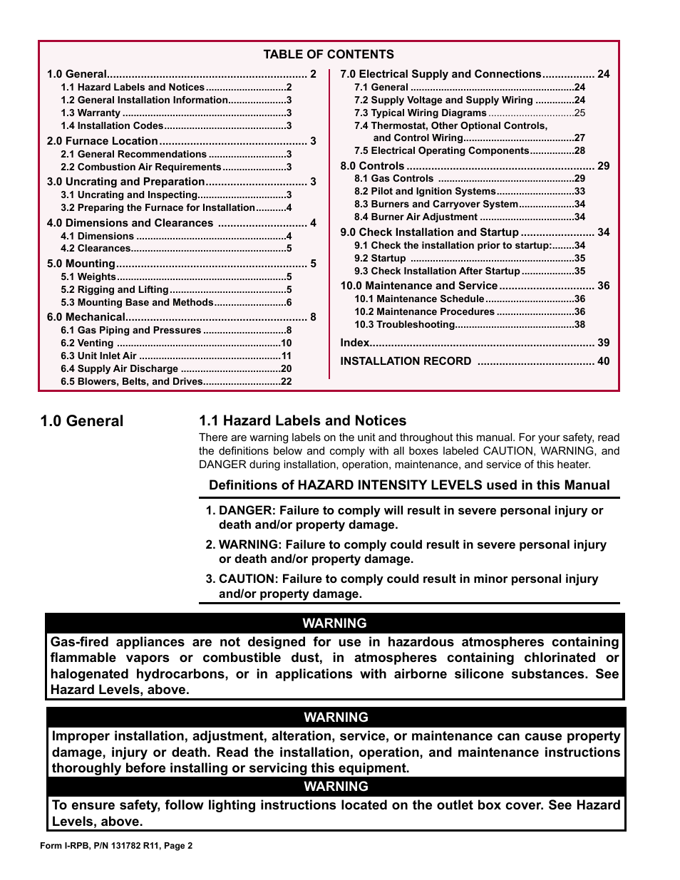 0 general, 1 hazard labels and notices | Reznor RPB Unit Installation Manual User Manual | Page 2 / 40