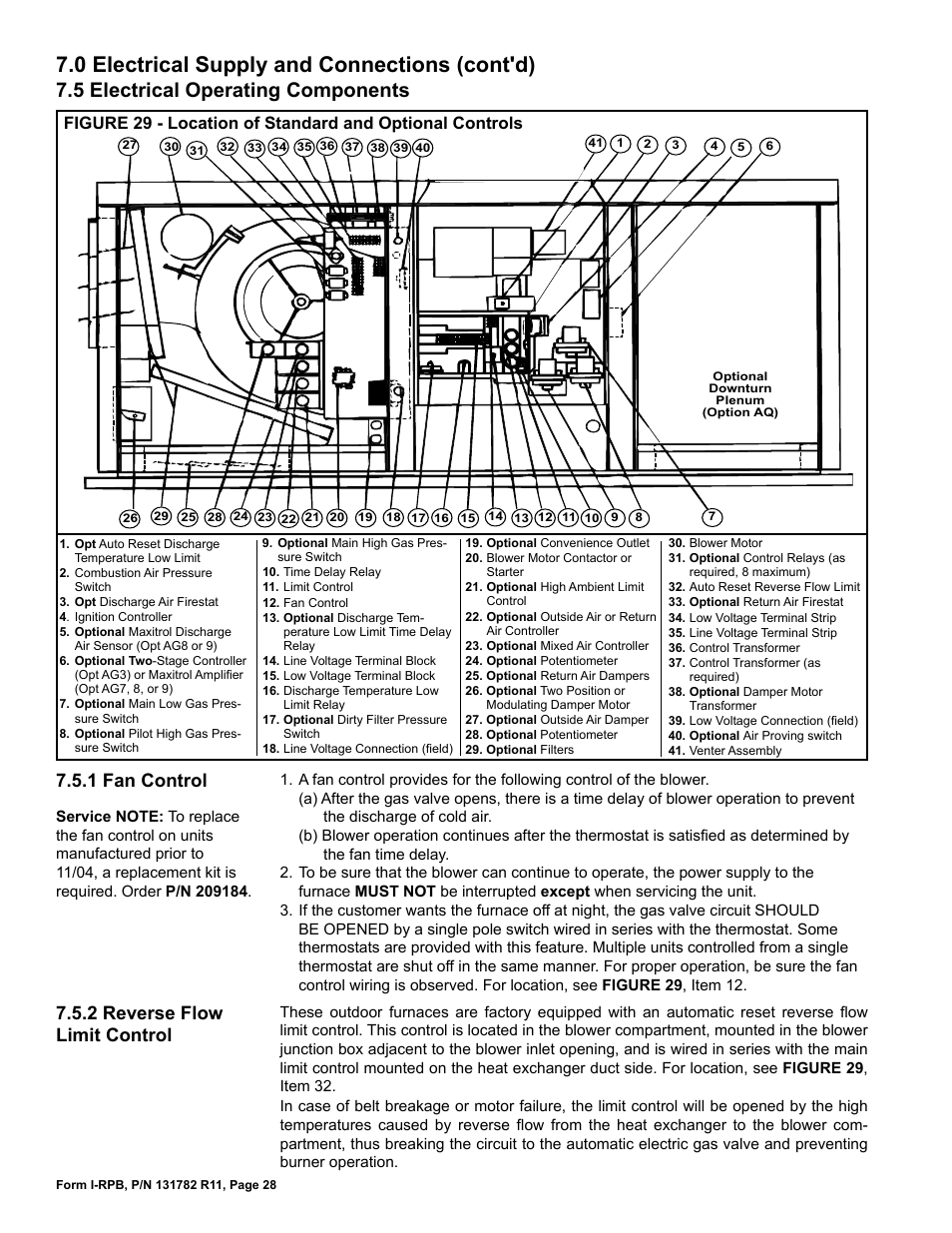 5 electrical operating components, 0 electrical supply and connections (cont'd), 1 fan control | 2 reverse flow limit control | Reznor RPB Unit Installation Manual User Manual | Page 28 / 40