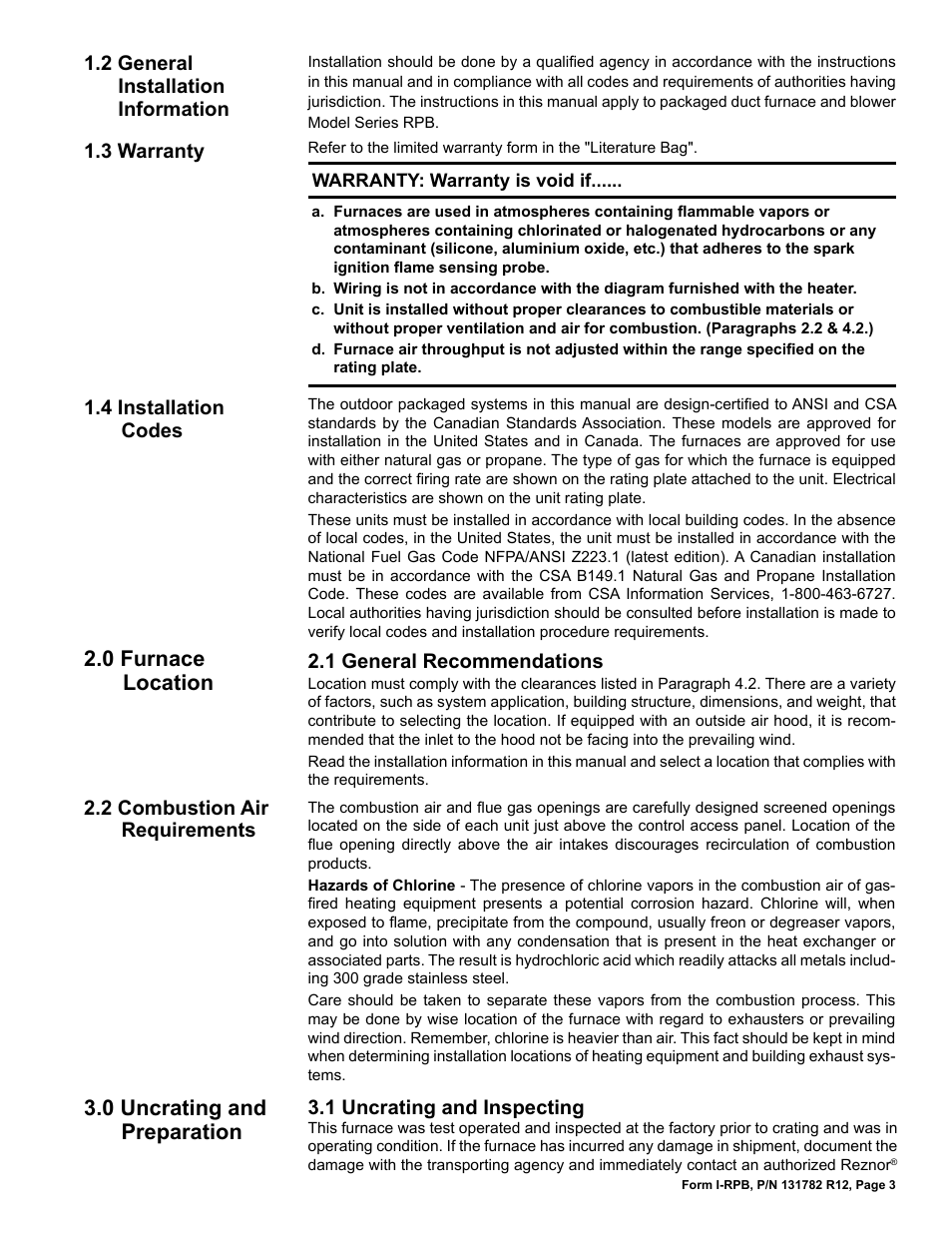 2 general installation information, 3 warranty, 4 installation codes | 0 furnace location, 1 general recommendations, 2 combustion air requirements, 0 uncrating and preparation, 1 uncrating and inspecting, 4 installation codes 1.3 warranty | Reznor RPB Unit Installation Manual User Manual | Page 3 / 40