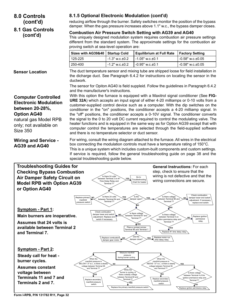 0 controls (cont'd), 1 gas controls (cont'd), Wiring and service - ag39 and ag40 | 5 optional electronic modulation (cont'd), Sensor location | Reznor RPB Unit Installation Manual User Manual | Page 32 / 40