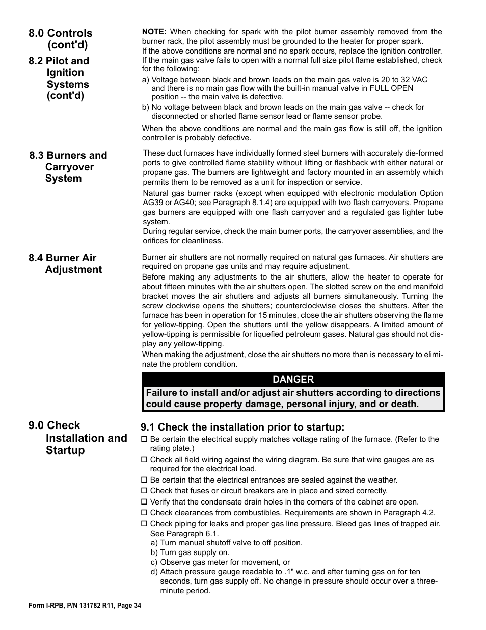 3 burners and carryover system, 4 burner air adjustment, 0 check installation and startup | 1 check the installation prior to startup, 0 controls (cont'd), 2 pilot and ignition systems (cont'd) | Reznor RPB Unit Installation Manual User Manual | Page 34 / 40