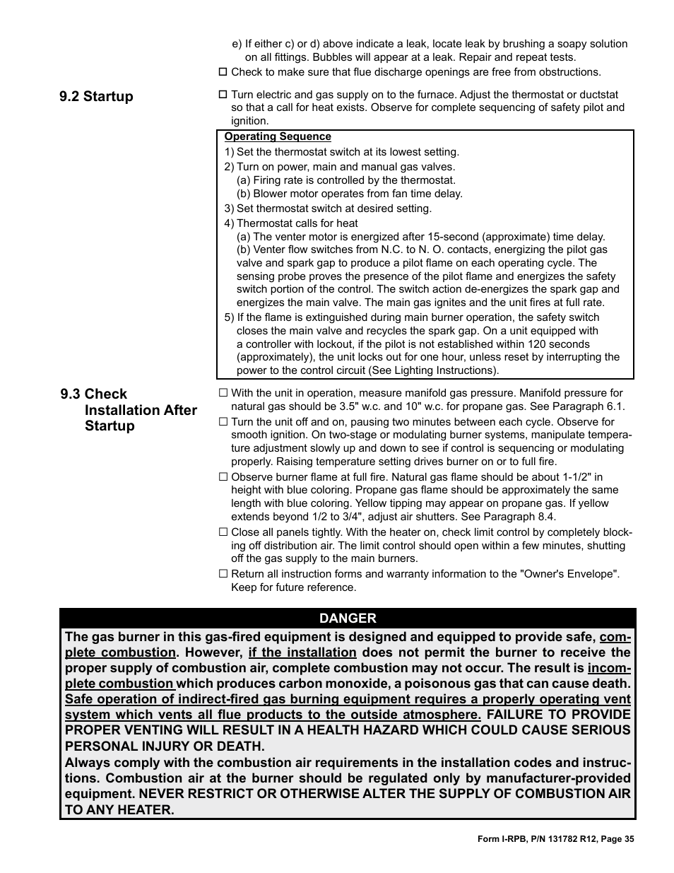 2 startup, 3 check installation after startup | Reznor RPB Unit Installation Manual User Manual | Page 35 / 40