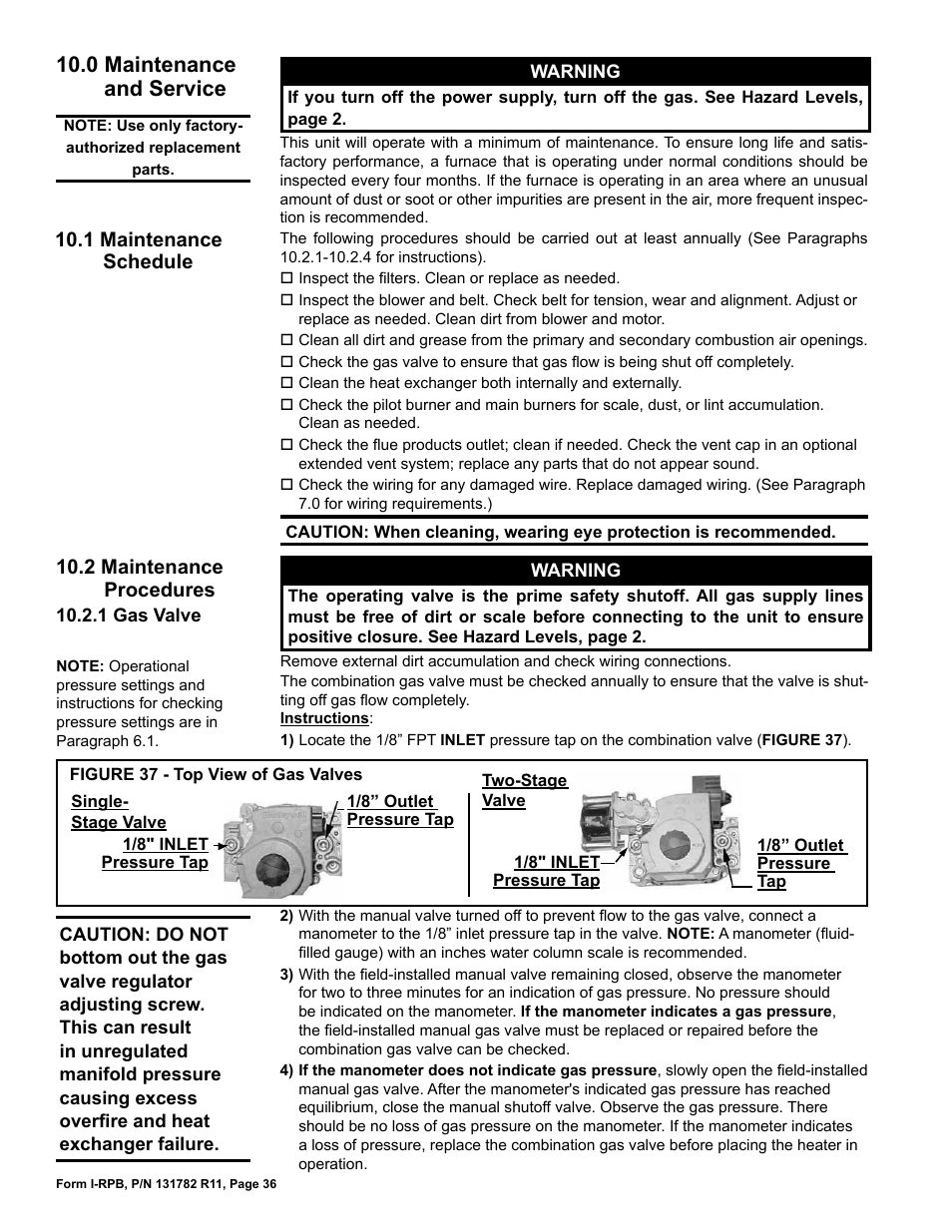 0 maintenance and service, 1 maintenance schedule, 2 maintenance procedures | 1 maintenance schedule 10.2 maintenance procedures | Reznor RPB Unit Installation Manual User Manual | Page 36 / 40