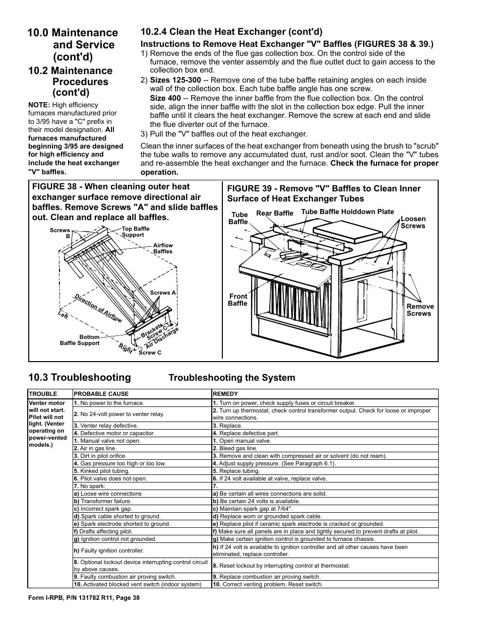 3 troubleshooting, 0 maintenance and service (cont'd), 2 maintenance procedures (cont'd) | Troubleshooting the system, 4 clean the heat exchanger (cont'd) | Reznor RPB Unit Installation Manual User Manual | Page 38 / 40