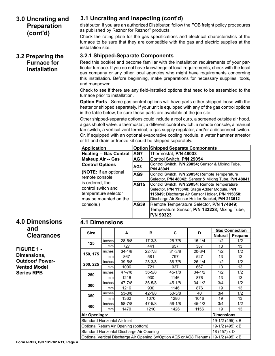 2 preparing the furnace for installation, 0 dimensions and clearances, 1 dimensions | 0 uncrating and preparation (cont'd), 1 uncrating and inspecting (cont'd), 1 shipped-separate components | Reznor RPB Unit Installation Manual User Manual | Page 4 / 40