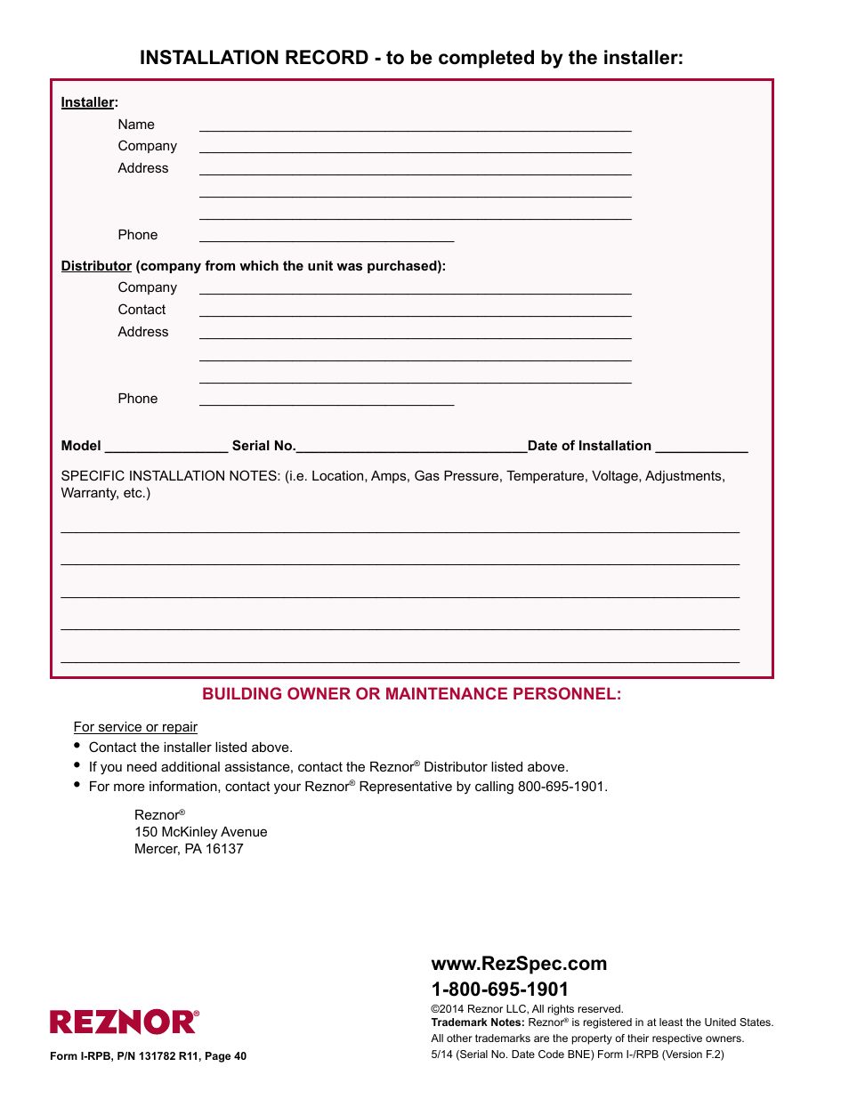 Installation record, Contact 40, Distributor 40 | Tion record 40, Serial no. 40 | Reznor RPB Unit Installation Manual User Manual | Page 40 / 40