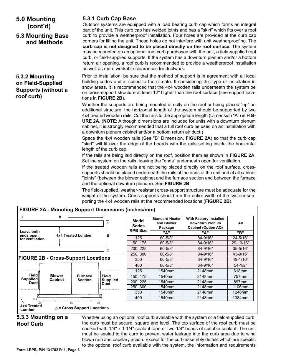 3 mounting base and methods, 0 mounting (cont'd), 1 curb cap base | 3 mounting on a roof curb | Reznor RPB Unit Installation Manual User Manual | Page 6 / 40