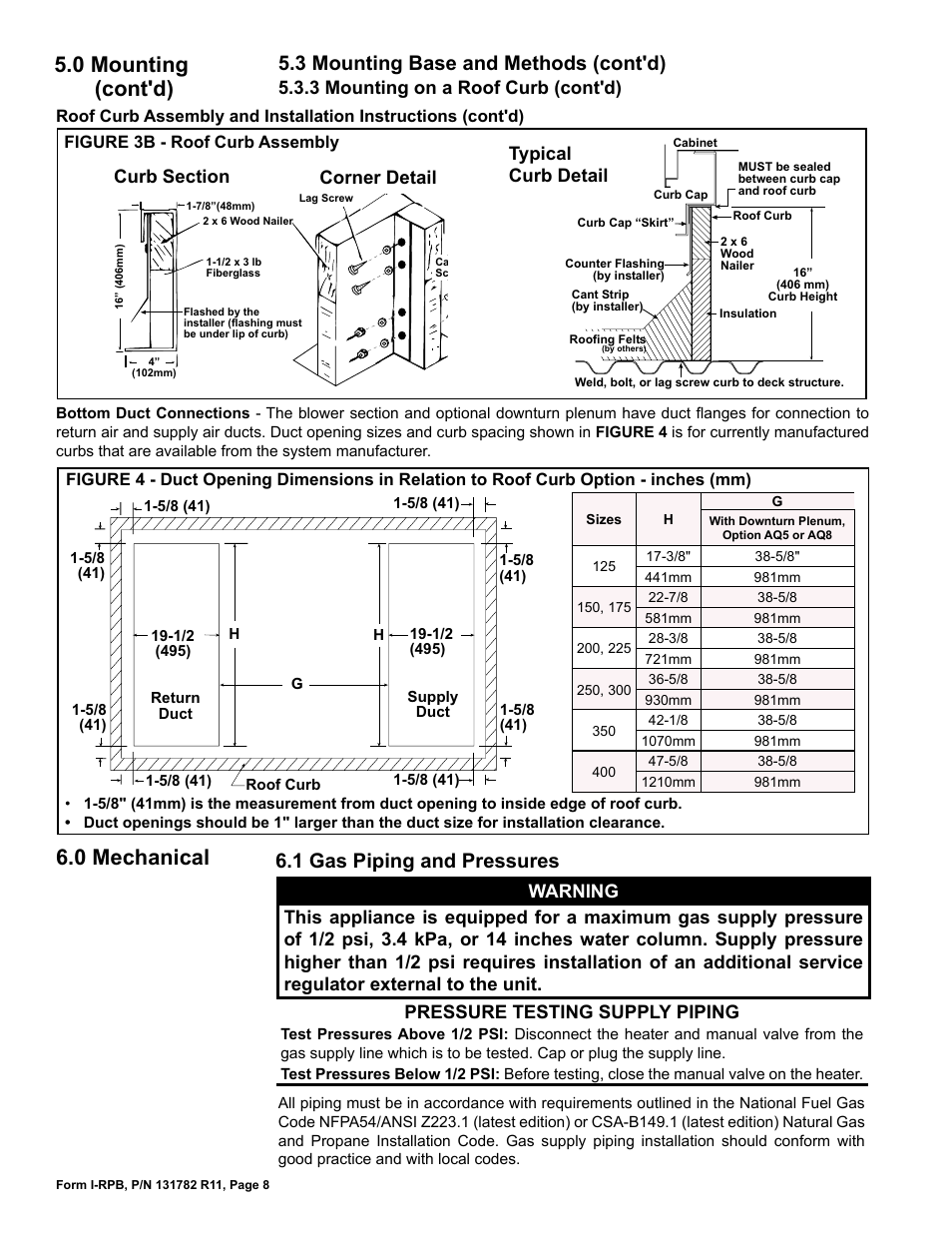 0 mechanical, 1 gas piping and pressures, 0 mounting (cont'd) | 3 mounting base and methods (cont'd), 3 mounting on a roof curb (cont'd) | Reznor RPB Unit Installation Manual User Manual | Page 8 / 40