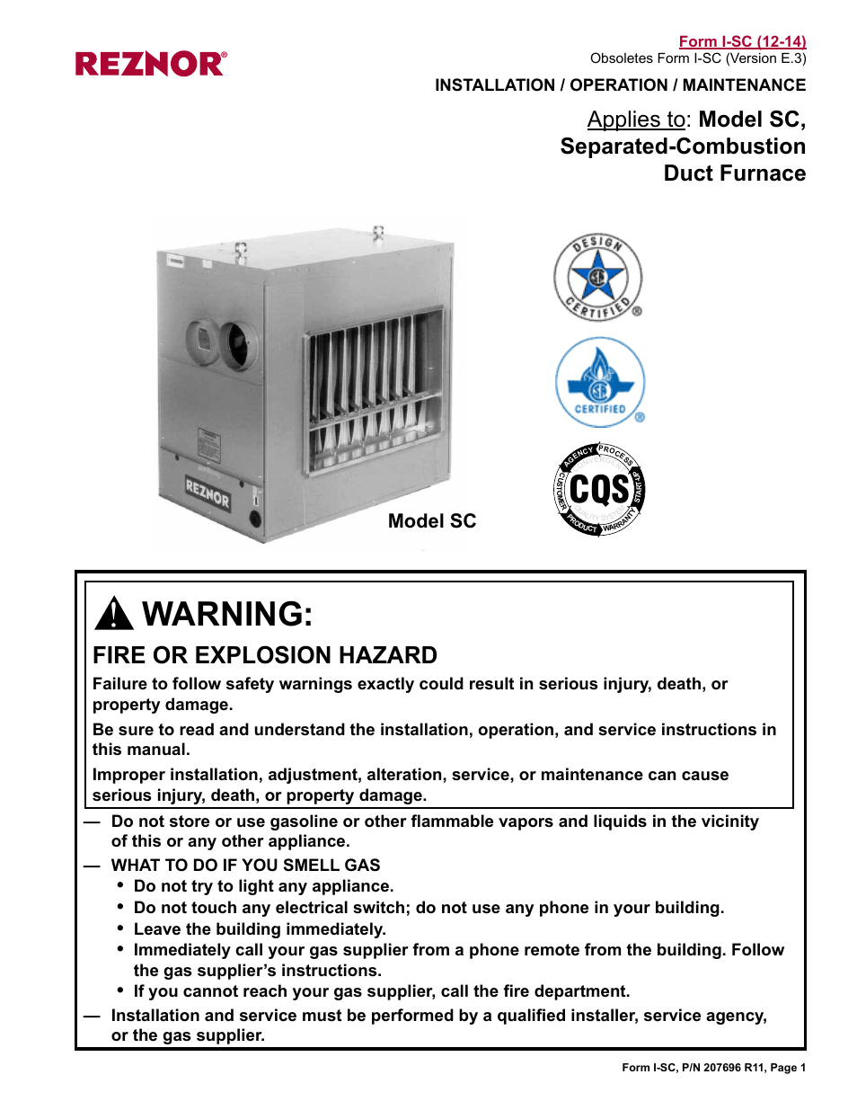 Reznor SC Duct Furnace Unit Installation Manual User Manual | 40 pages