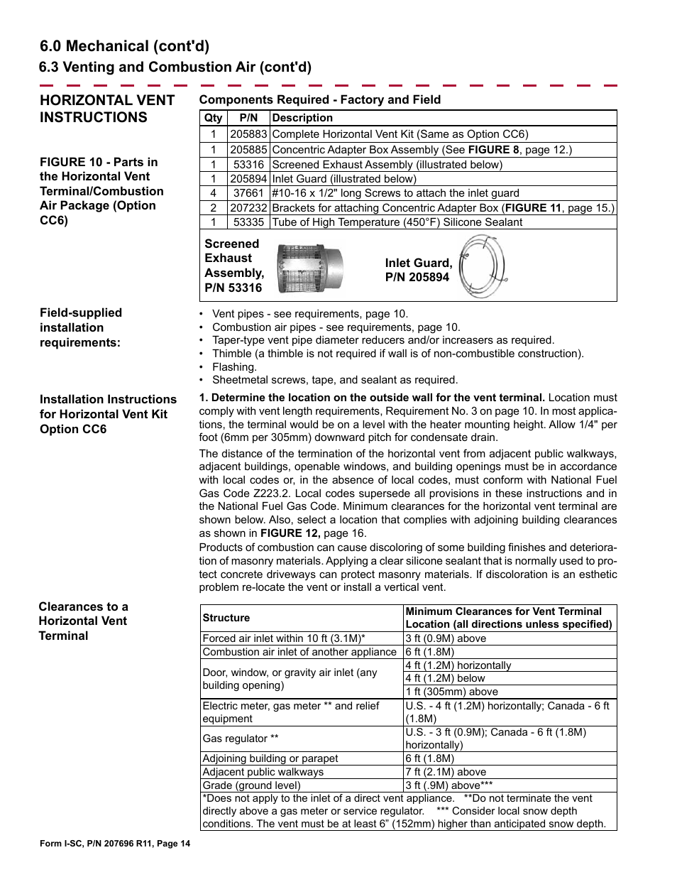 0 mechanical (cont'd), Horizontal vent instructions, 3 venting and combustion air (cont'd) | Reznor SC Duct Furnace Unit Installation Manual User Manual | Page 14 / 40