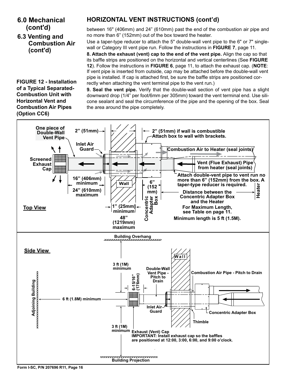 0 mechanical (cont'd), Horizontal vent instructions (cont’d), 3 venting and combustion air (cont'd) | Reznor SC Duct Furnace Unit Installation Manual User Manual | Page 16 / 40
