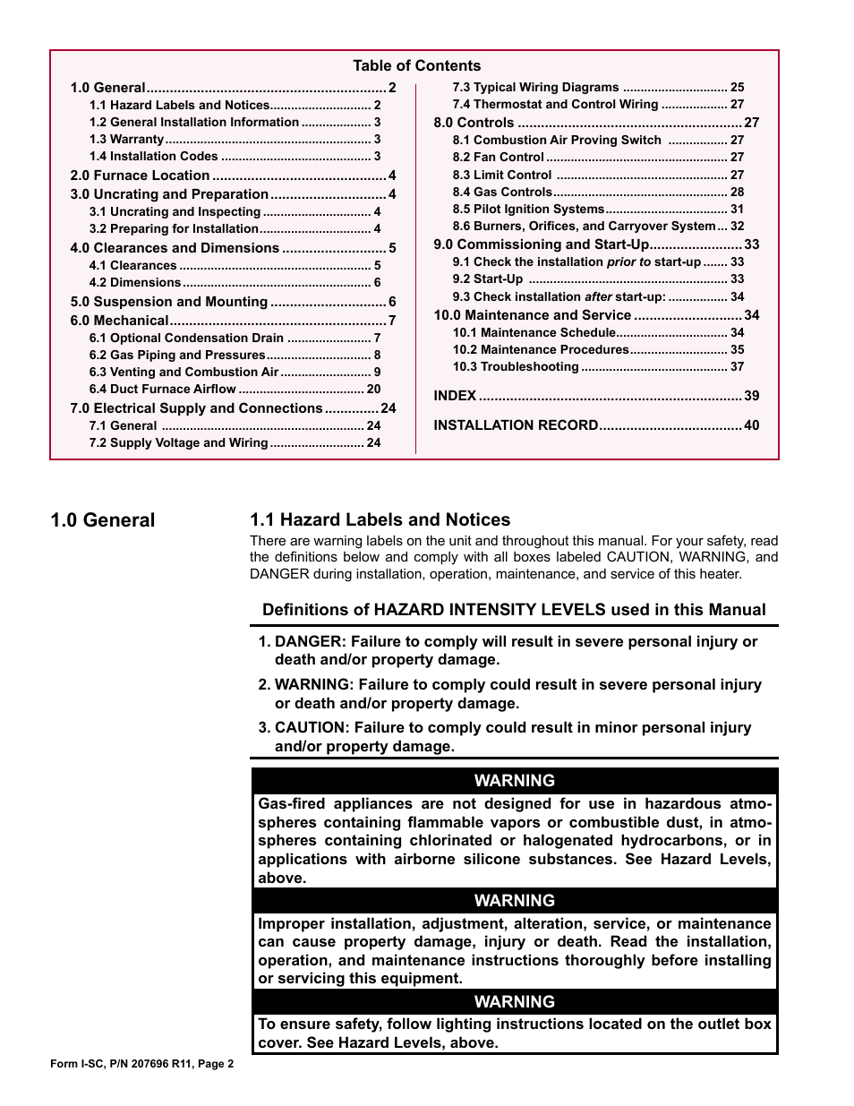 0 general, 1 hazard labels and notices | Reznor SC Duct Furnace Unit Installation Manual User Manual | Page 2 / 40