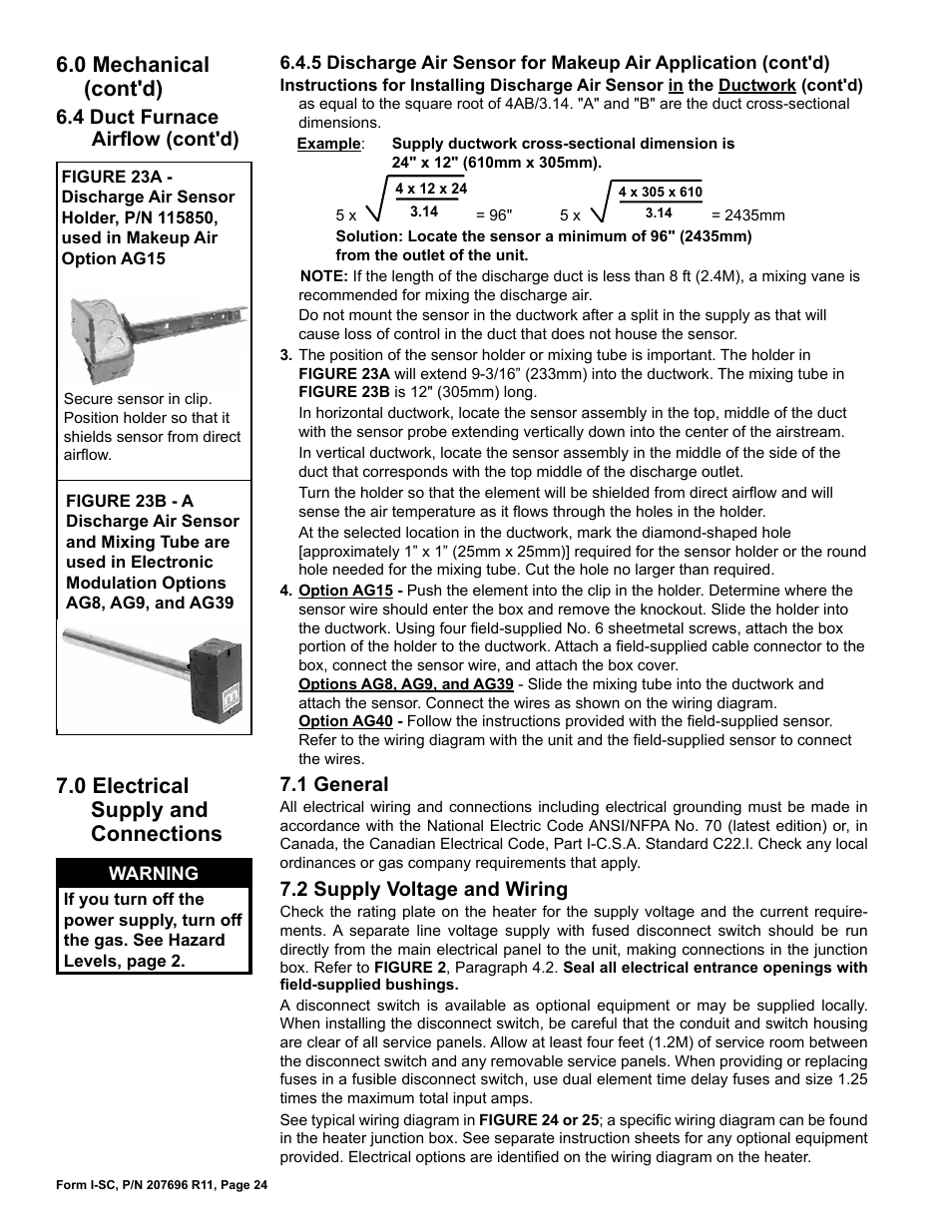 0 electrical supply and connections, 1 general, 2 supply voltage and wiring | 0 mechanical (cont'd), 4 duct furnace airflow (cont'd) | Reznor SC Duct Furnace Unit Installation Manual User Manual | Page 24 / 40
