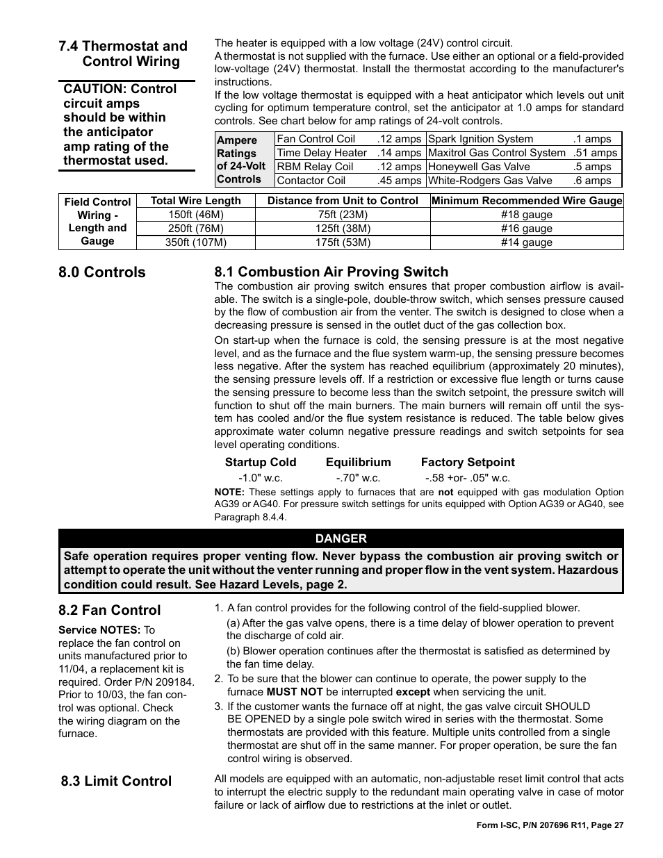 4 thermostat and control wiring, 0 controls, 1 combustion air proving switch | 2 fan control, 3 limit control | Reznor SC Duct Furnace Unit Installation Manual User Manual | Page 27 / 40
