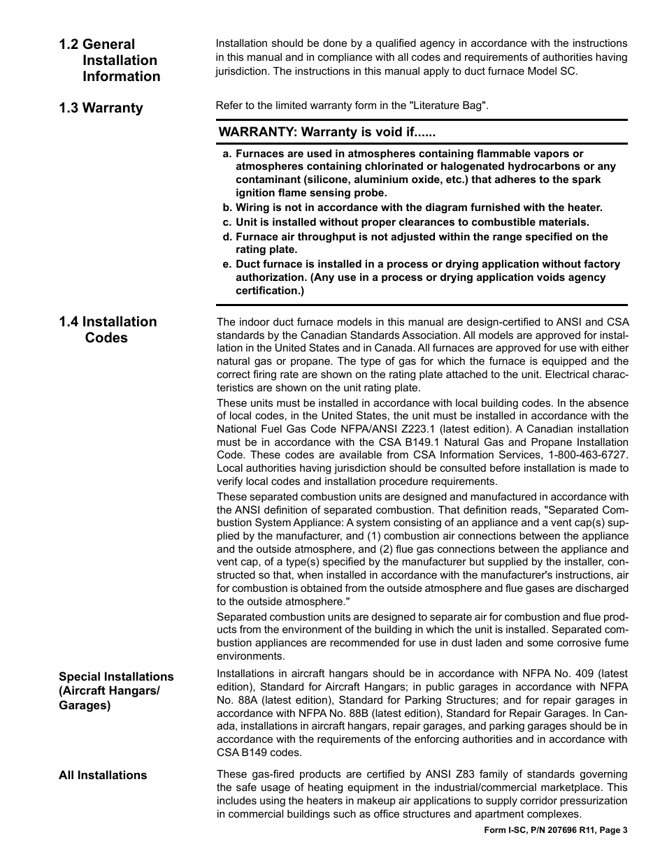 2 general installation information, 3 warranty, 4 installation codes | 4 installation codes 1.3 warranty | Reznor SC Duct Furnace Unit Installation Manual User Manual | Page 3 / 40