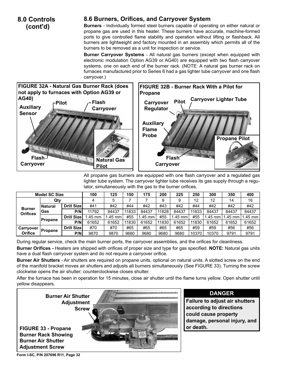 6 burners, orifices, and carryover system, 0 controls (cont'd) | Reznor SC Duct Furnace Unit Installation Manual User Manual | Page 32 / 40