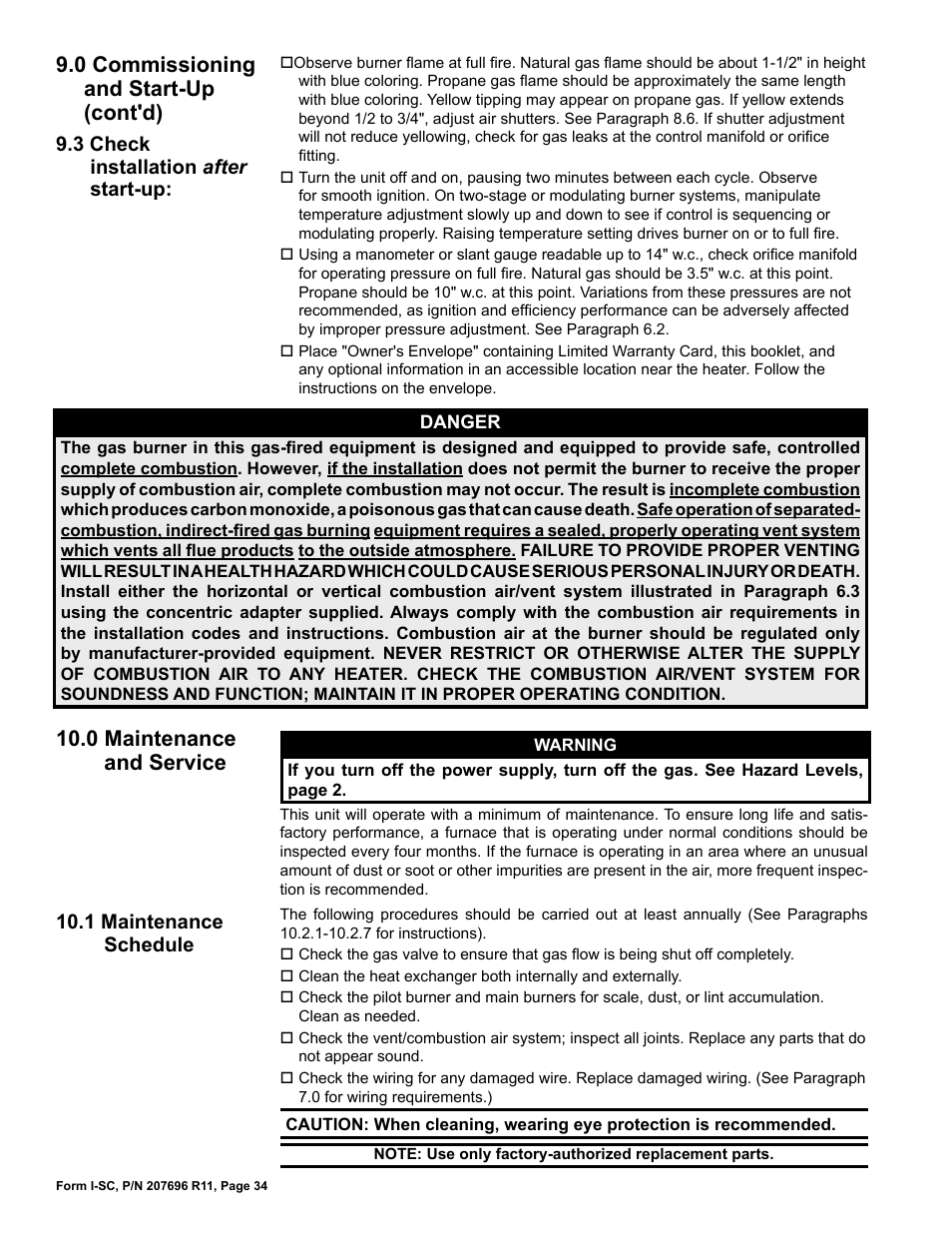 3 check installation after start-up, 0 maintenance and service, 1 maintenance schedule | 0 commissioning and start-up (cont'd) | Reznor SC Duct Furnace Unit Installation Manual User Manual | Page 34 / 40
