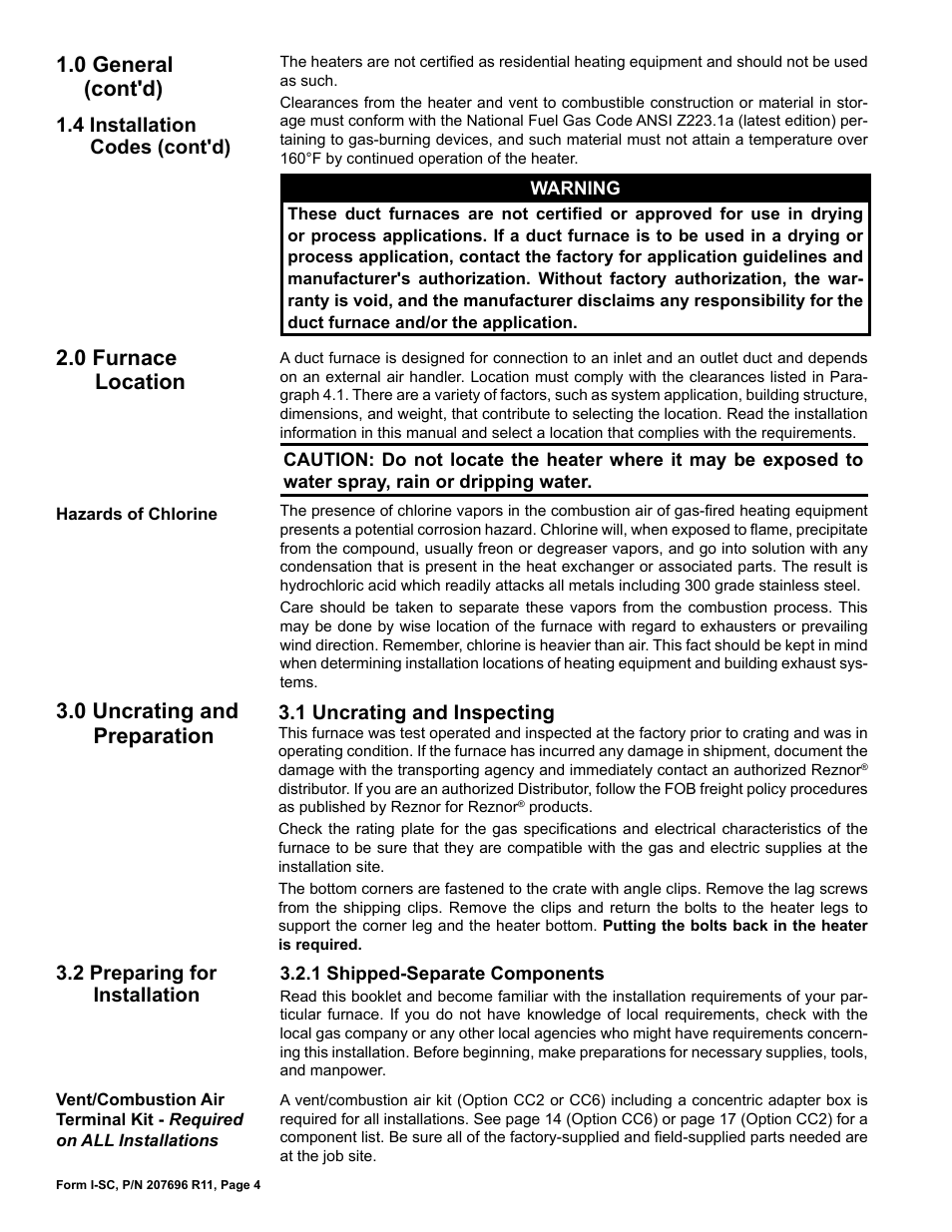 0 furnace location, 0 uncrating and preparation, 1 uncrating and inspecting | 2 preparing for installation, 0 general (cont'd), 4 installation codes (cont'd) | Reznor SC Duct Furnace Unit Installation Manual User Manual | Page 4 / 40