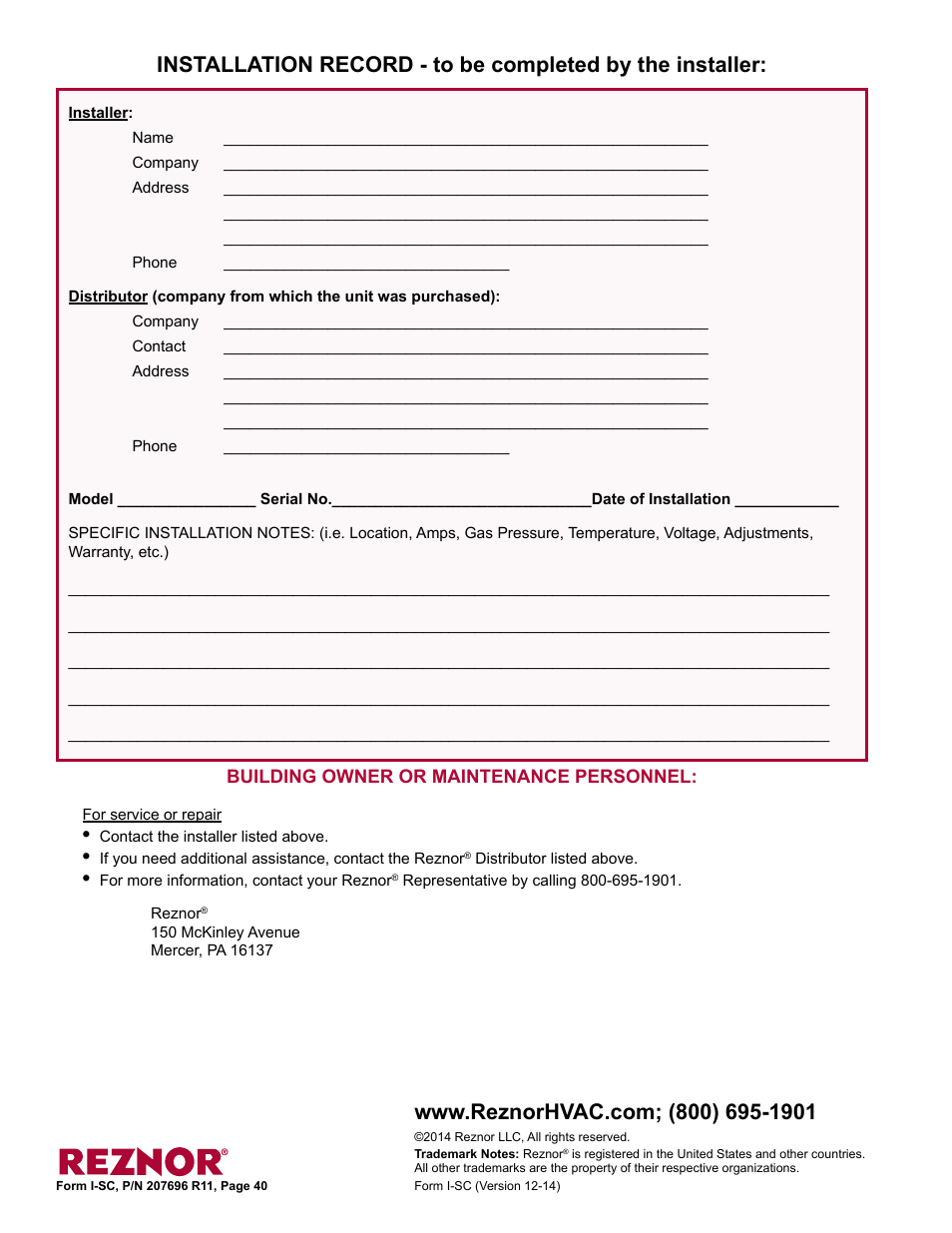 Installation record, Contact 40, Distributor 40 | Installer 40, Model 40, Serial no. 40 | Reznor SC Duct Furnace Unit Installation Manual User Manual | Page 40 / 40