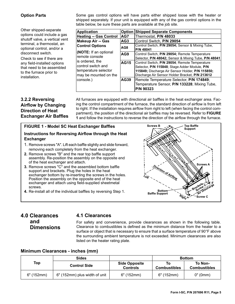 0 clearances and dimensions, 1 clearances | Reznor SC Duct Furnace Unit Installation Manual User Manual | Page 5 / 40