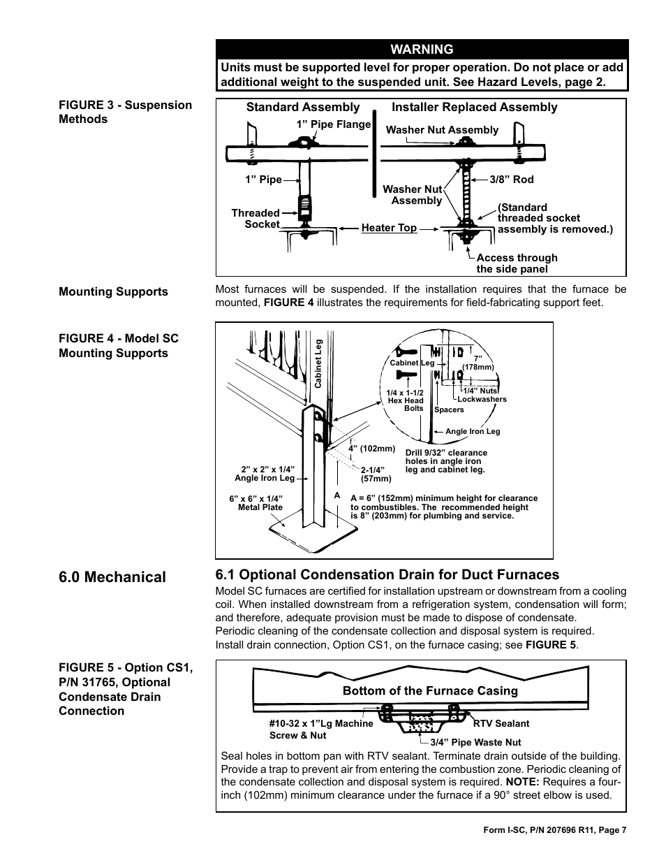 0 mechanical, 1 optional condensation drain, 1 optional condensation drain for duct furnaces | Warning | Reznor SC Duct Furnace Unit Installation Manual User Manual | Page 7 / 40
