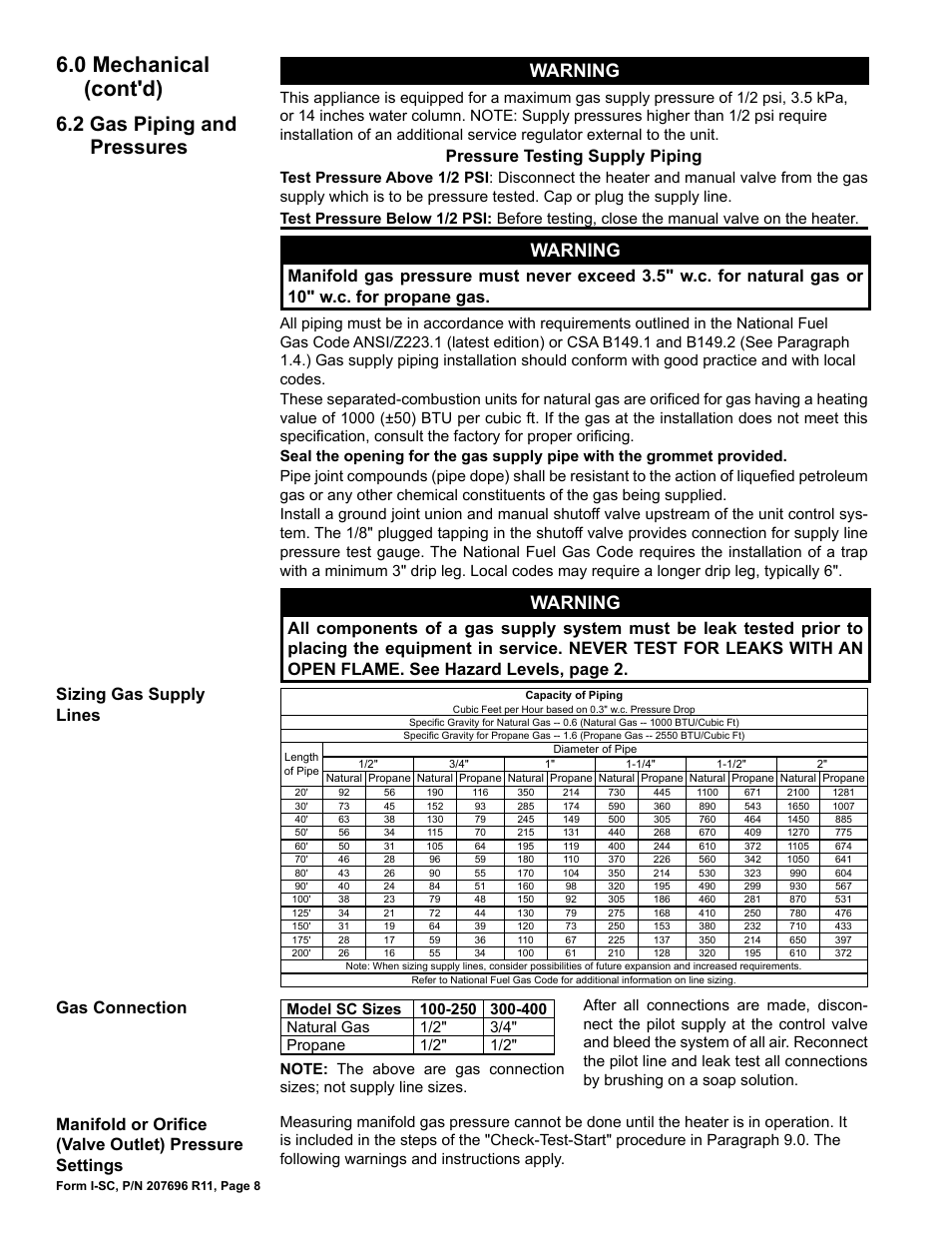 2 gas piping and pressures, 0 mechanical (cont'd), Warning | Gas connection sizing gas supply lines, Pressure testing supply piping | Reznor SC Duct Furnace Unit Installation Manual User Manual | Page 8 / 40