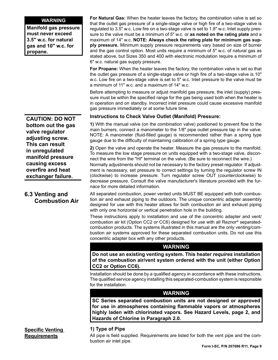 3 venting and combustion air | Reznor SC Duct Furnace Unit Installation Manual User Manual | Page 9 / 40