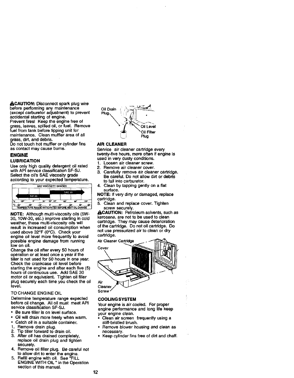 Lubrication, Air cleaner, Cooling system | Craftsman 917.292490 User Manual | Page 12 / 33