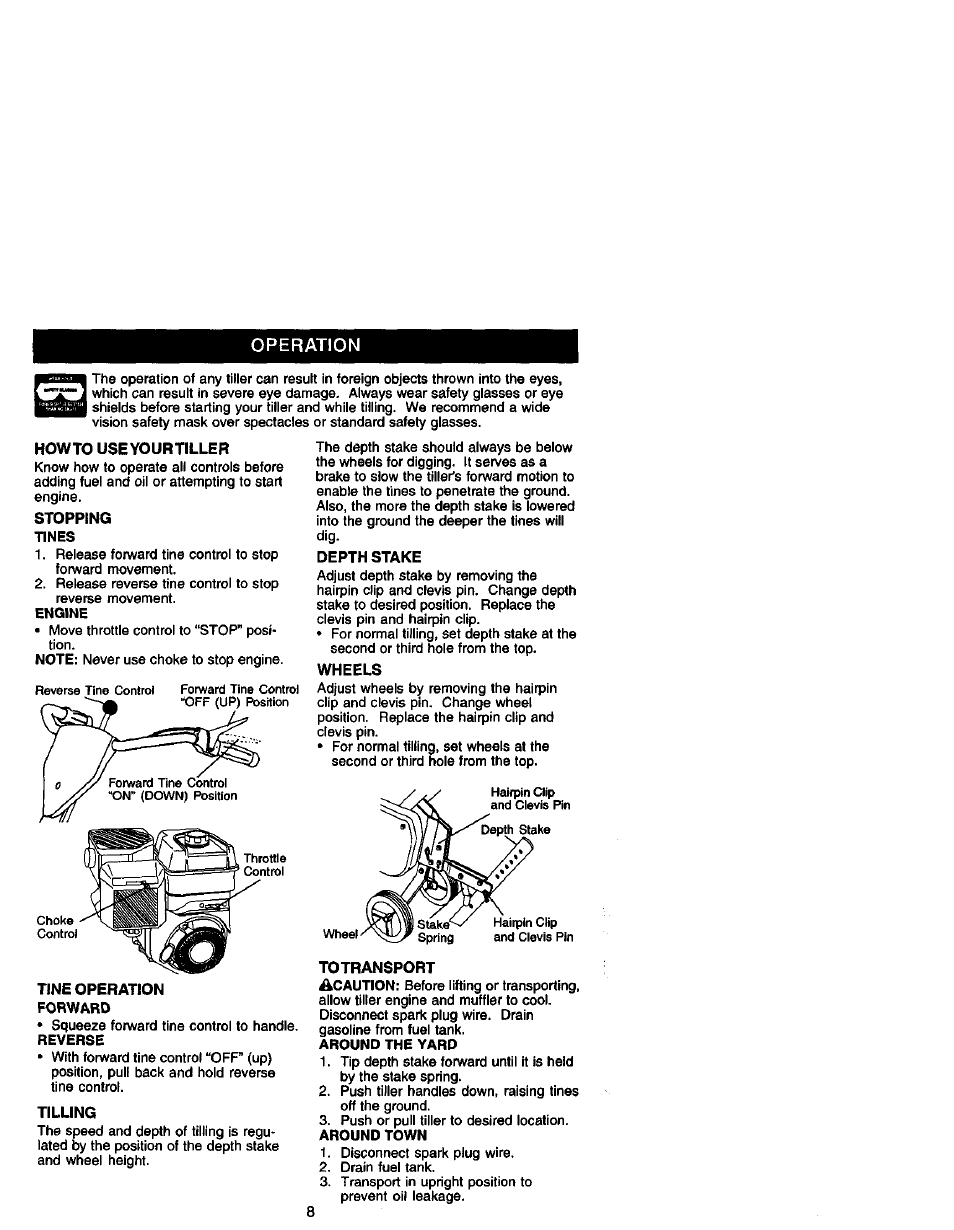 Tines, Engine, Around the yard | Operation | Craftsman 917.292490 User Manual | Page 8 / 33