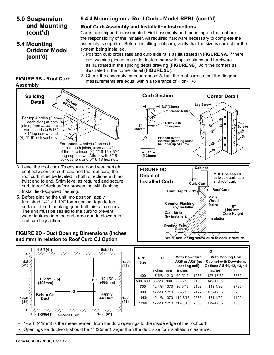 0 suspension and mounting (cont'd), 4 mounting outdoor model (cont'd), 4 mounting on a roof curb - model rpbl (cont'd) | Roof curb assembly and installation instructions, Figure 9c - detail of installed curb | Reznor RPBL Unit Installation Manual User Manual | Page 12 / 60