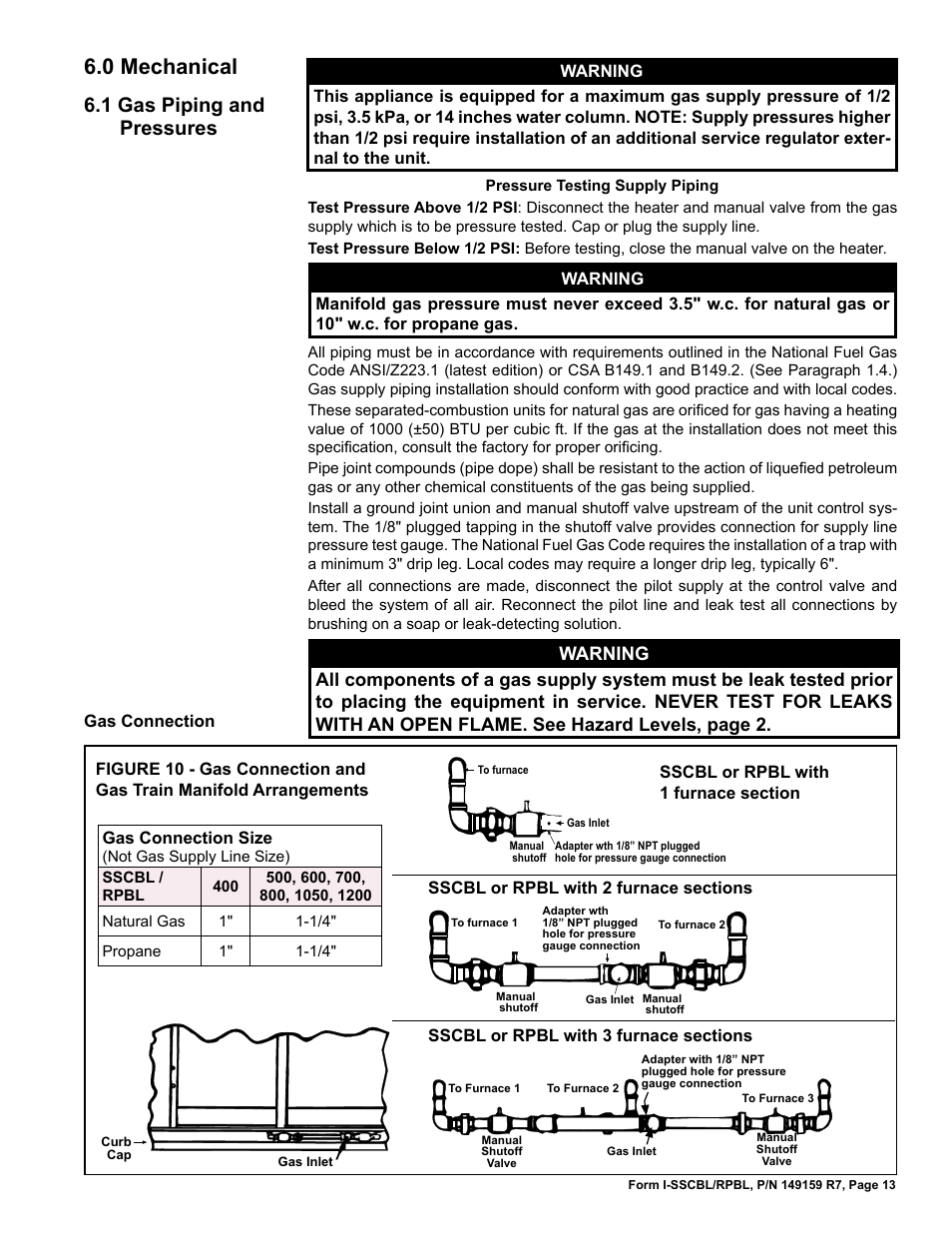 0 mechanical, 1 gas piping and pressures | Reznor RPBL Unit Installation Manual User Manual | Page 13 / 60