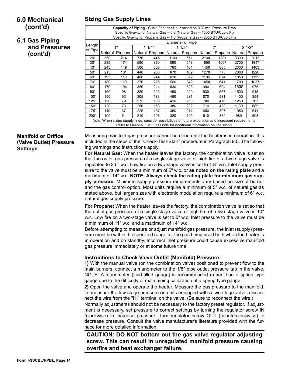 0 mechanical (cont'd), 1 gas piping and pressures (cont'd), Sizing gas supply lines | Reznor RPBL Unit Installation Manual User Manual | Page 14 / 60