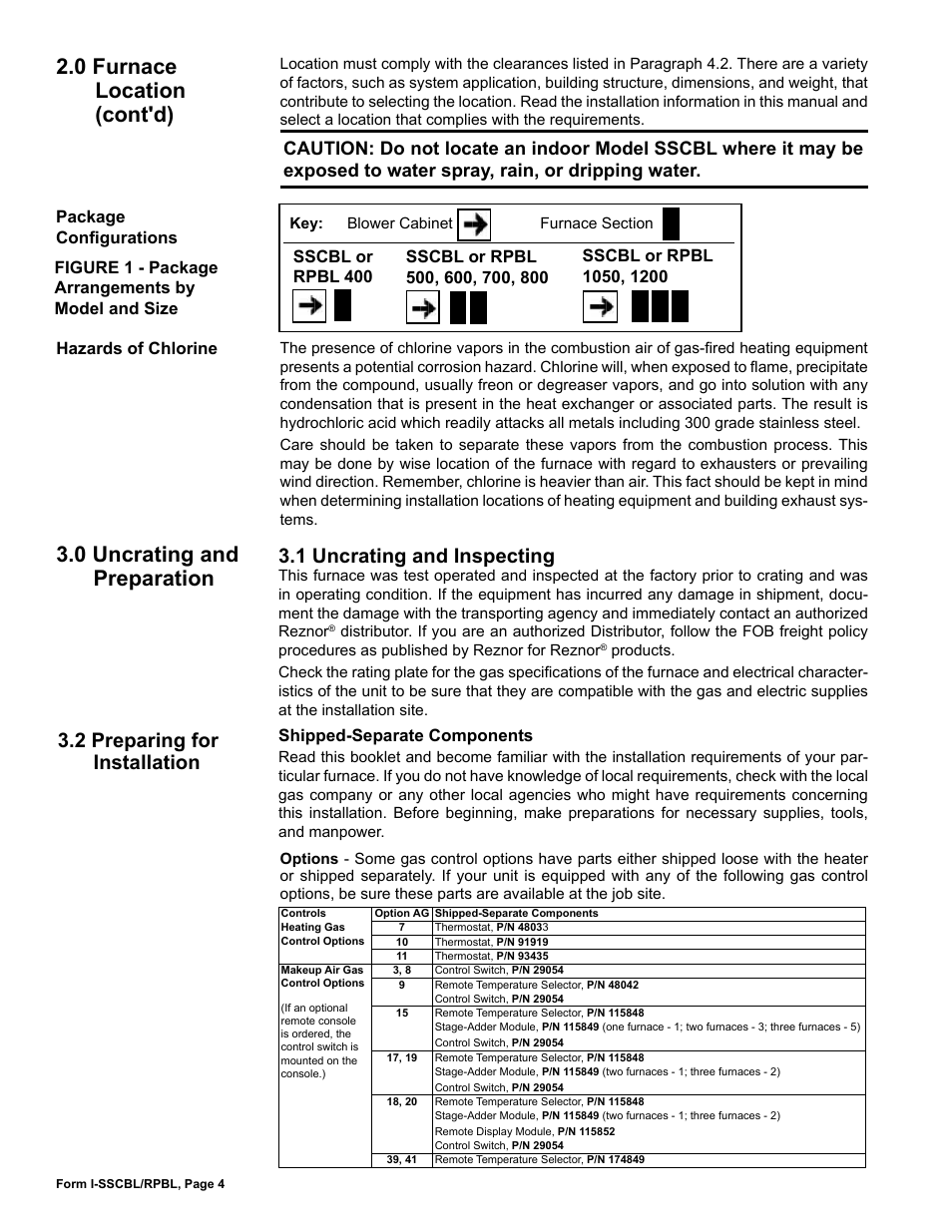 0 uncrating and preparation, 1 uncrating and inspecting, 2 preparing for installation | 0 furnace location (cont'd) | Reznor RPBL Unit Installation Manual User Manual | Page 4 / 60