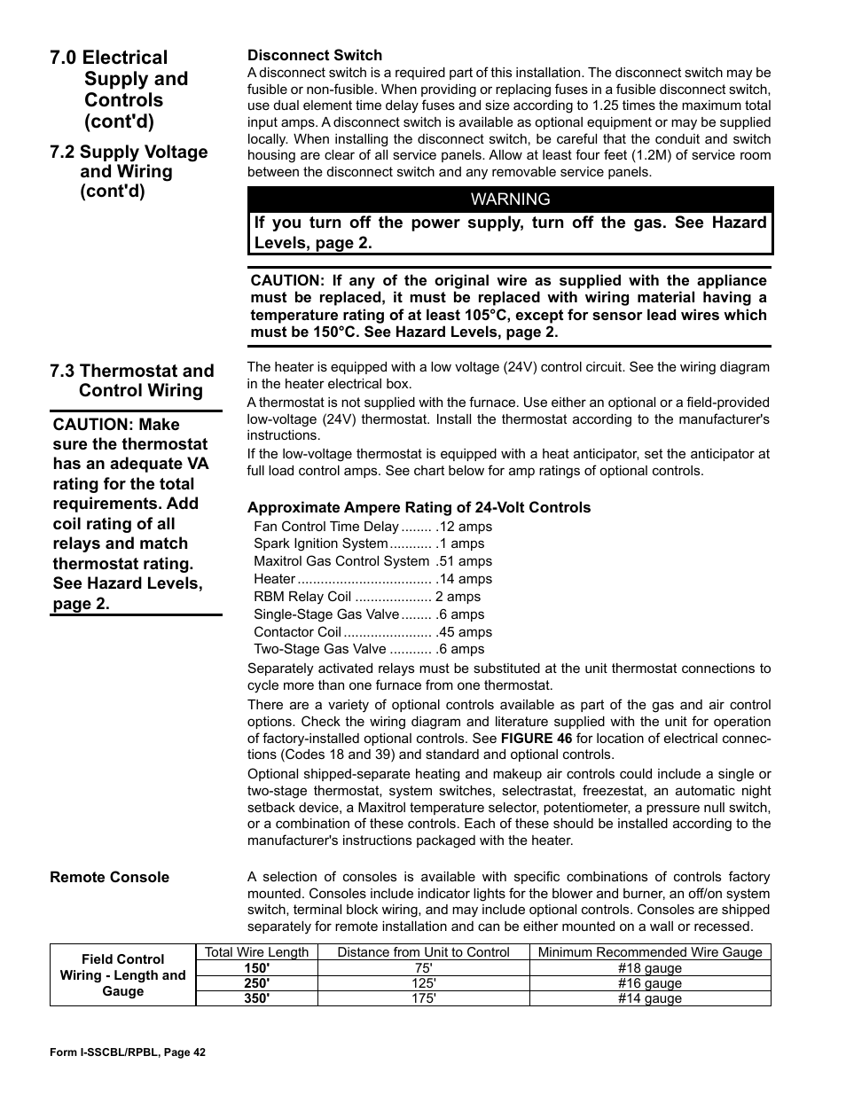 3 thermostat and control wiring, 0 electrical supply and controls (cont'd), 2 supply voltage and wiring (cont'd) | Reznor RPBL Unit Installation Manual User Manual | Page 42 / 60