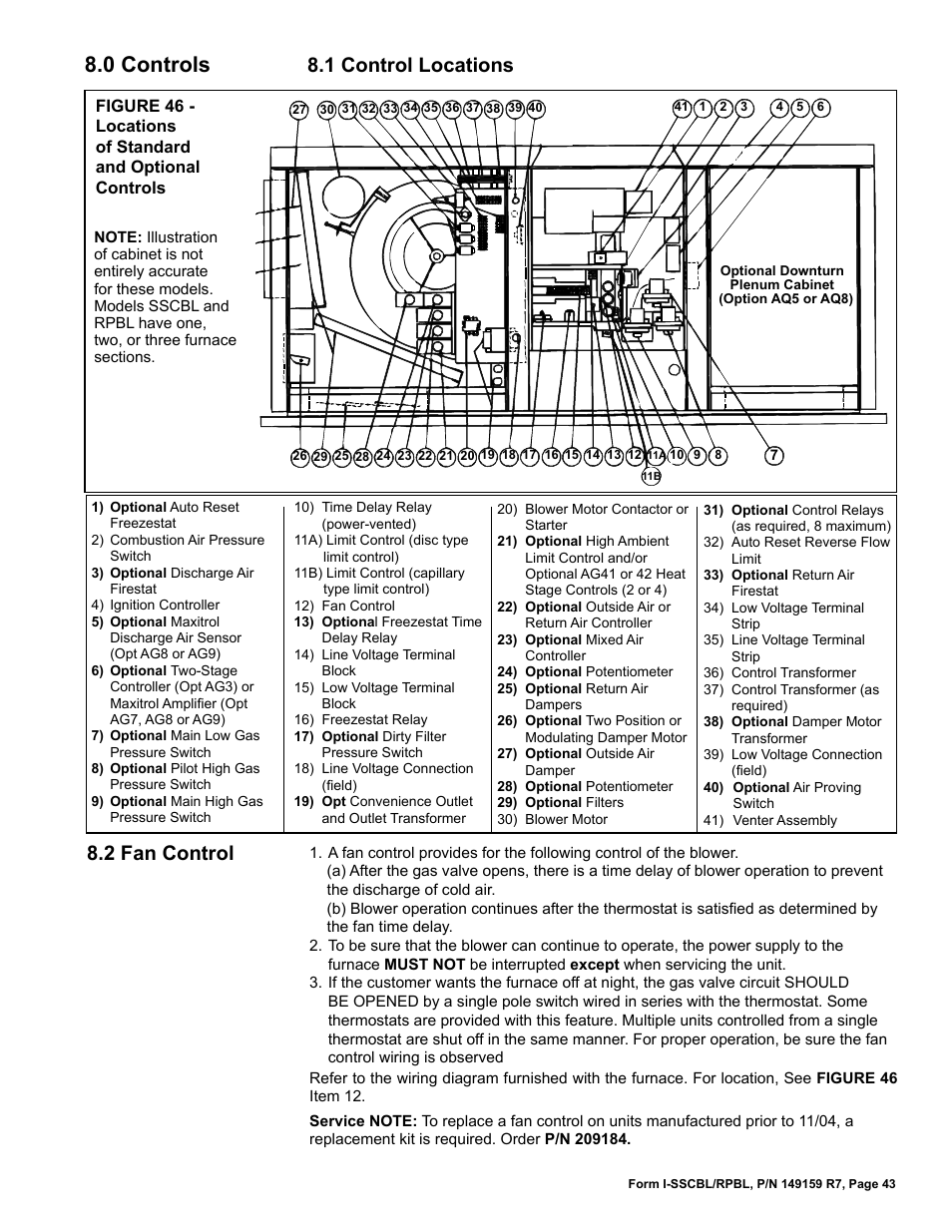 0 controls, 1 control locations, 2 fan control | Reznor RPBL Unit Installation Manual User Manual | Page 43 / 60