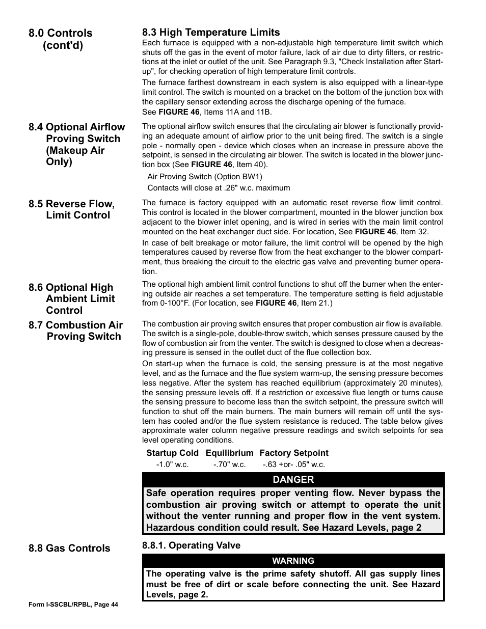 3 high temperature limits, 4 optional airflow proving switch (makeup air), 5 reverse flow, limit control | 6 optional high ambient limit control, 7 combustion air proving switch, 8 gas controls, 0 controls (cont'd) | Reznor RPBL Unit Installation Manual User Manual | Page 44 / 60