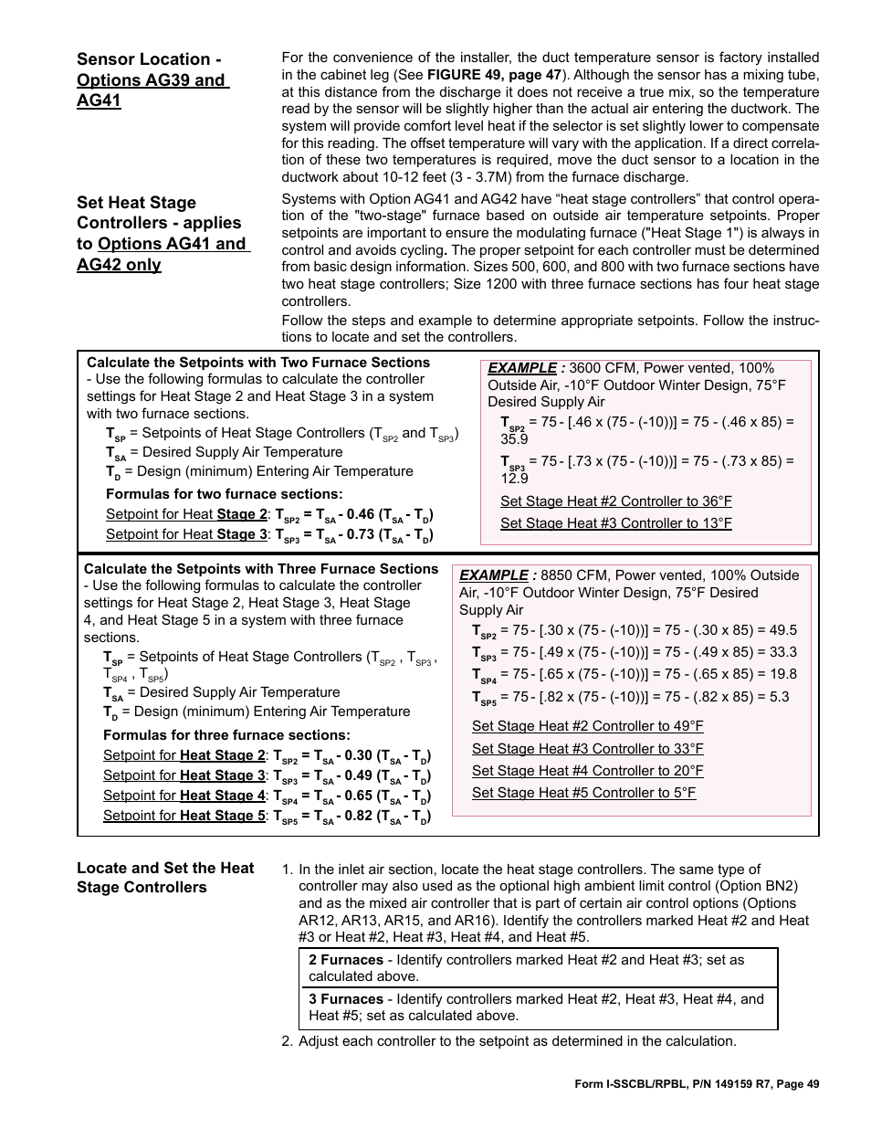 Sensor location - options ag39 and ag41, Locate and set the heat stage controllers | Reznor RPBL Unit Installation Manual User Manual | Page 49 / 60
