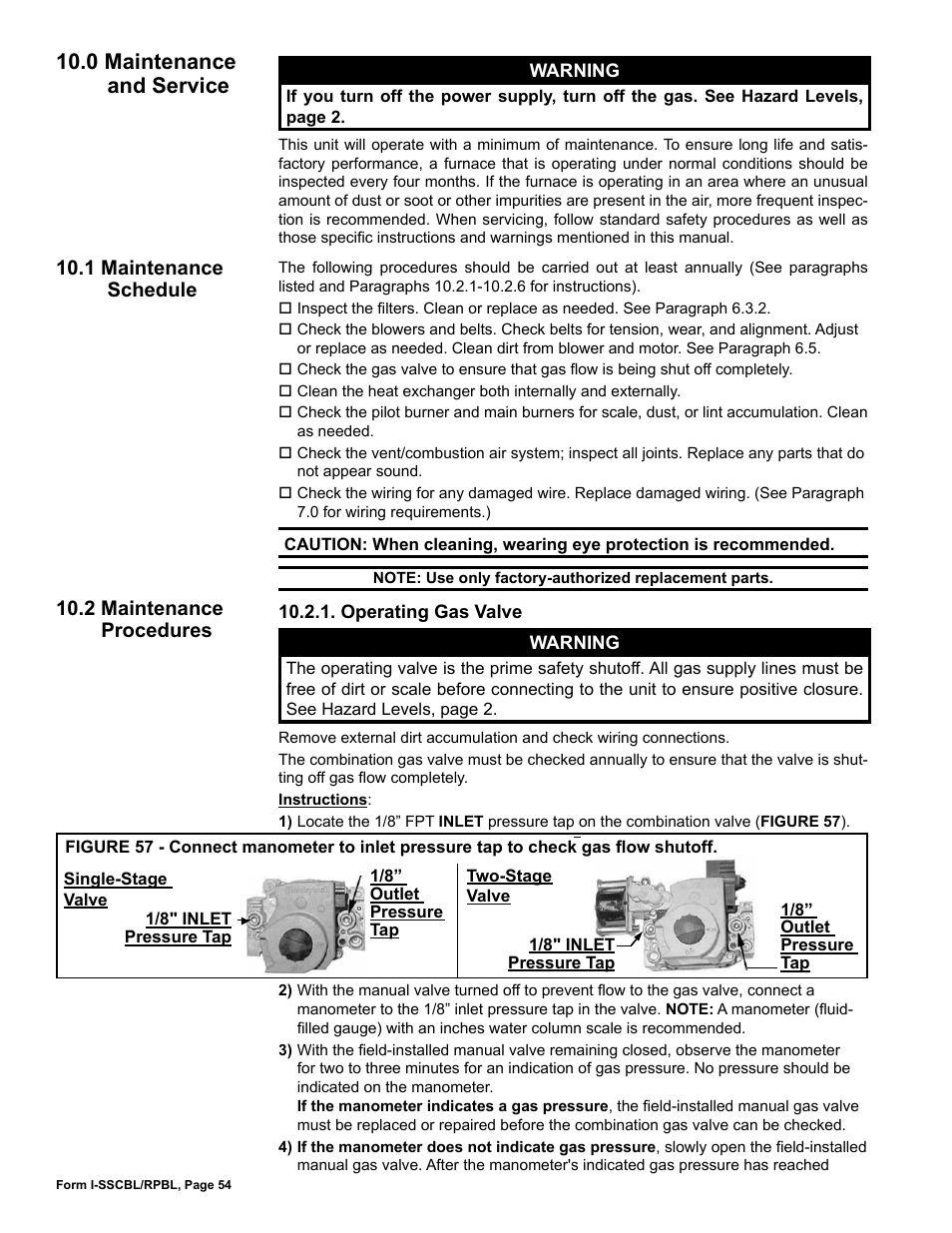 0 maintenance and service, 1 maintenance schedule, 2 maintenance procedures | Reznor RPBL Unit Installation Manual User Manual | Page 54 / 60