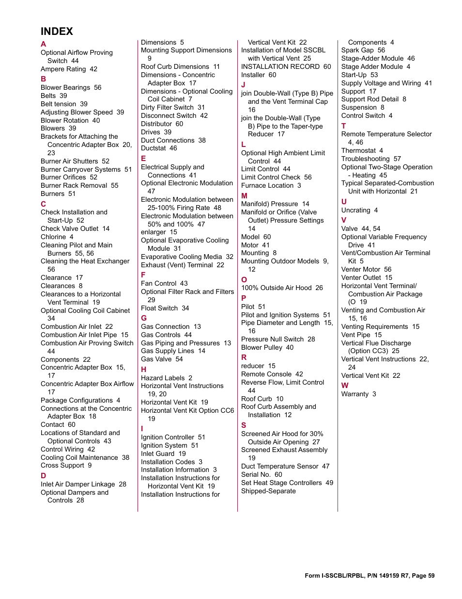 Index | Reznor RPBL Unit Installation Manual User Manual | Page 59 / 60